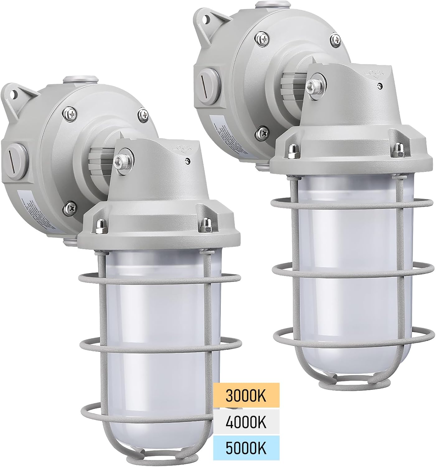 LEONLITE 3CCT LED Vapor Tight Jelly Jar Light, 15W/20W/30W Industrial Integrated Vapor Proof Jar Light, 3000K 40000K 5000K Wall/Ceiling Caged Mount Vapor Tight Light Fixture, 100-277V, UL, Pack of 2