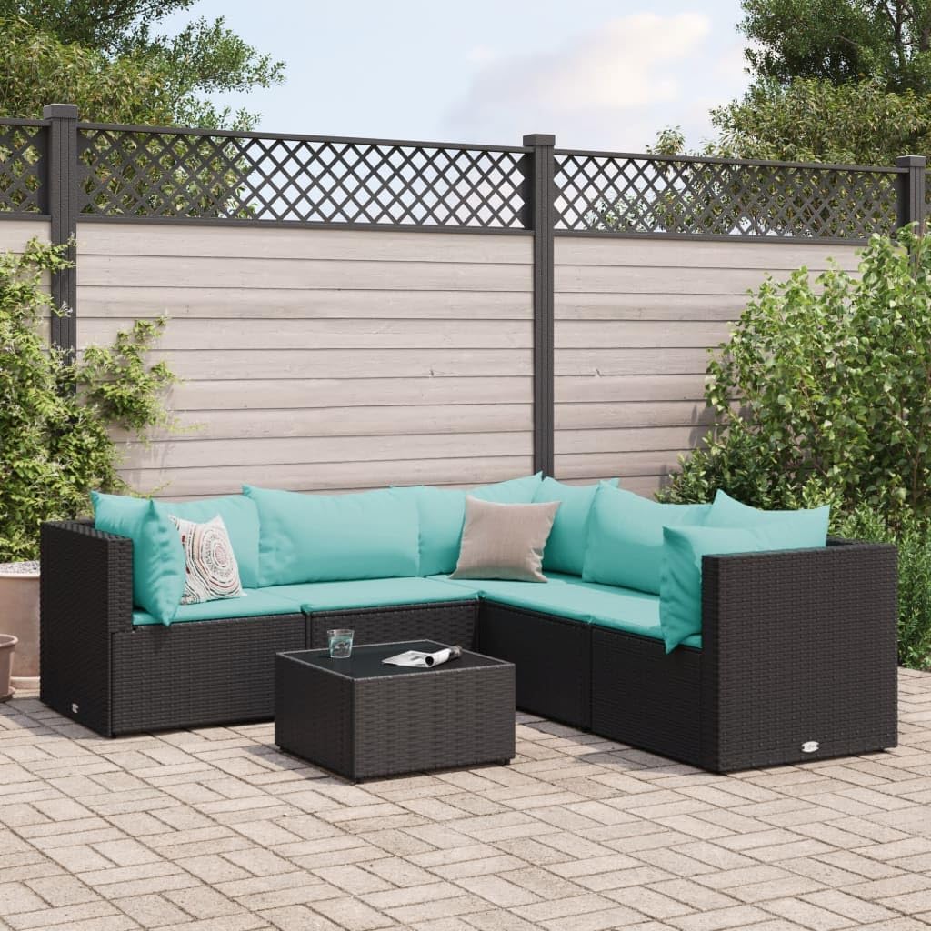 6 Piece Patio Lounge Set with Cushions Black Poly Rattan,Comfortable Patio Furniture Set: PE Rattan Outdoor Lounge Set for Garden, Terrace, and Patio Patio Furniture Sets, Outdoor Furniture Sets