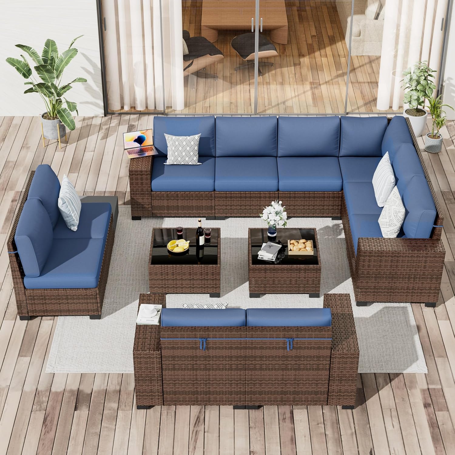 Amopatio 12-Piece Outdoor Sectional Furniture Set Brown Rattan Wicker Sofa Set with Glass Top Table and Waterproof Covers,Navy Cushions