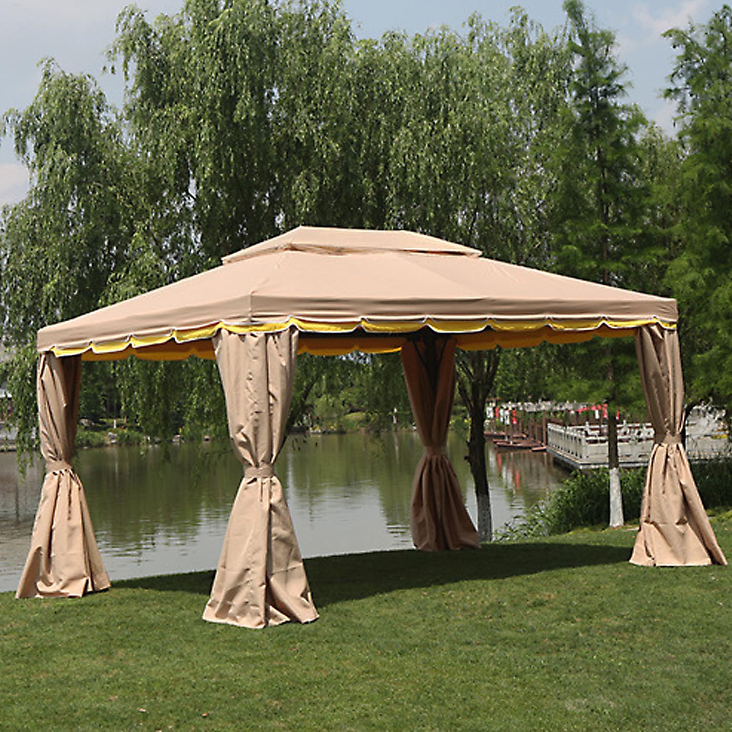 Outdoor Garden Gazebo, Double Roof Patio Pergola, Canopy Tent with Mosquito Netting, Aluminum Frame Pavilion, with Drainage System, for Garden, Lawn, Deck, Backyard,Khaki,10 * 13ft