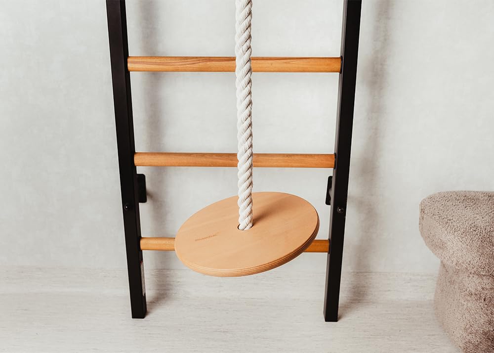 211B+A076 Wallbars, Stall Bars, Swedish Ladder, Gymnastic Ladder with 8 Beech Oval Rungs, Adjustable Beech Wooden Pull Up Bar and Gymnastic Accessories Such as Wooden Rings