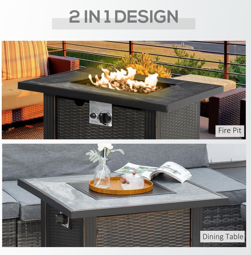 Outdoor Propane Fire Pit Table with Auto-Ignition System, Square Wicker Design Patio Heater with Ceramic Tabletop Cover