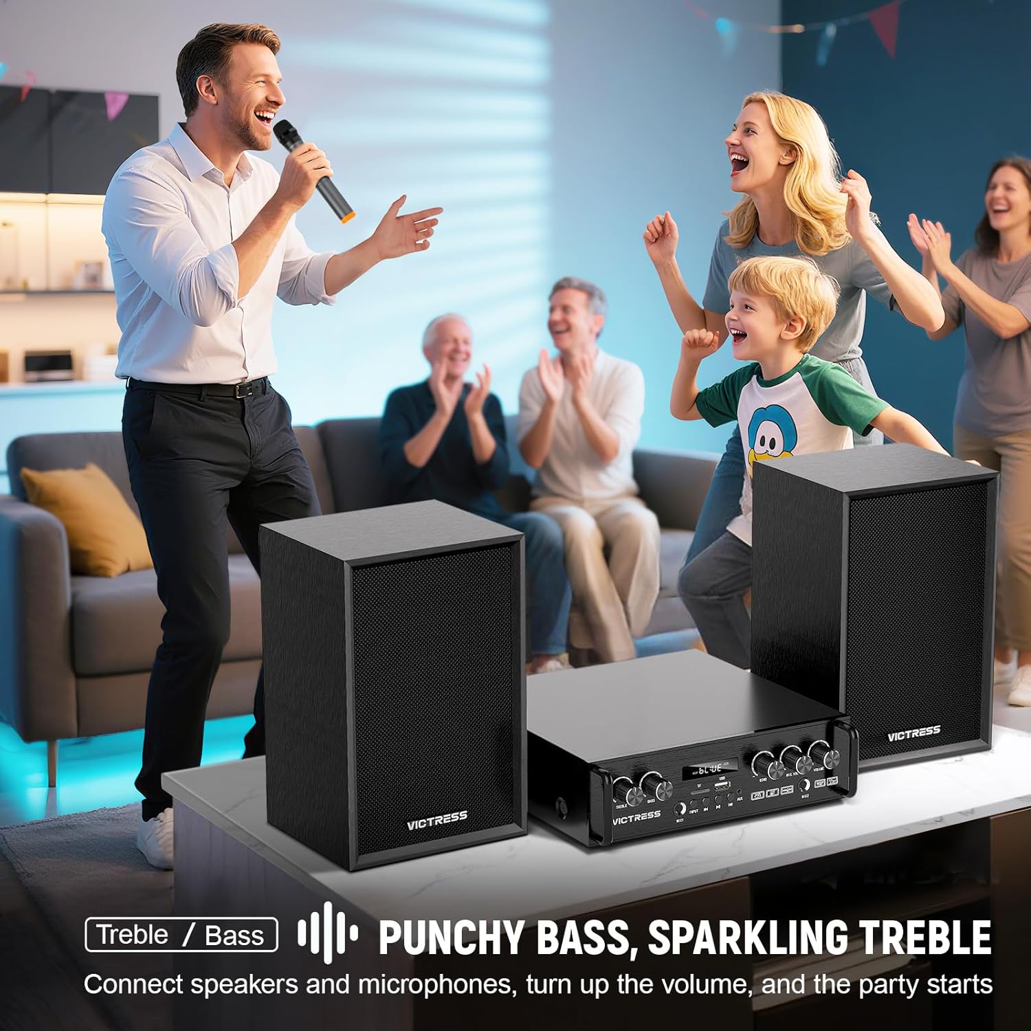 Home Karaoke System with Wireless Microphones & Speakers, Bluetooth Amplifier Set for Family Parties & Home Entertainment