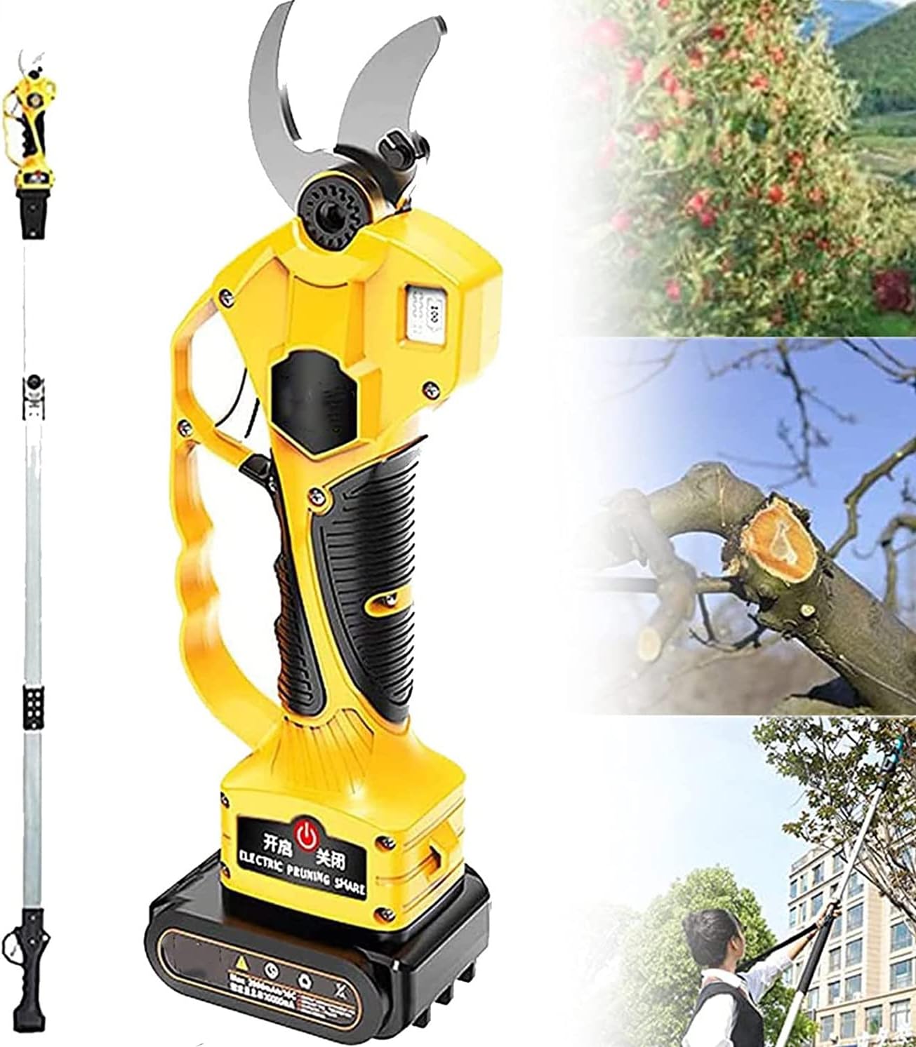 Professional Electric Pruning Shears, Garden Cordless Electric Secateurs Branch Cutters, 40mm Maximum Cutting Diameter, with Replaceable Lithium Battery and Telescopic Pole,220v-90cmextensionrod