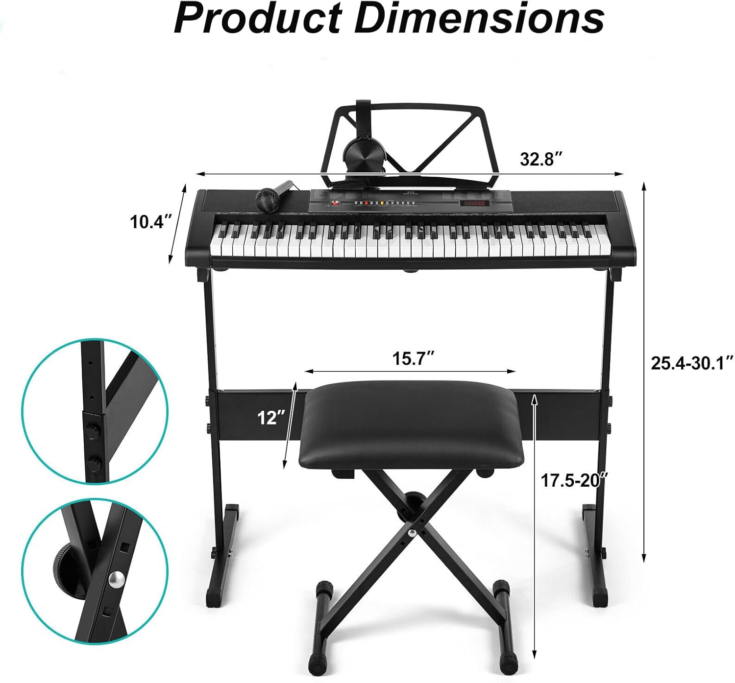 61 Key Electric Piano Keyboard for Beginners with Lighted Keys – Includes Stand, Bench, Headphones, Microphone, Note Stickers & Built-in Speakers – Digital Piano Learning Keyboard