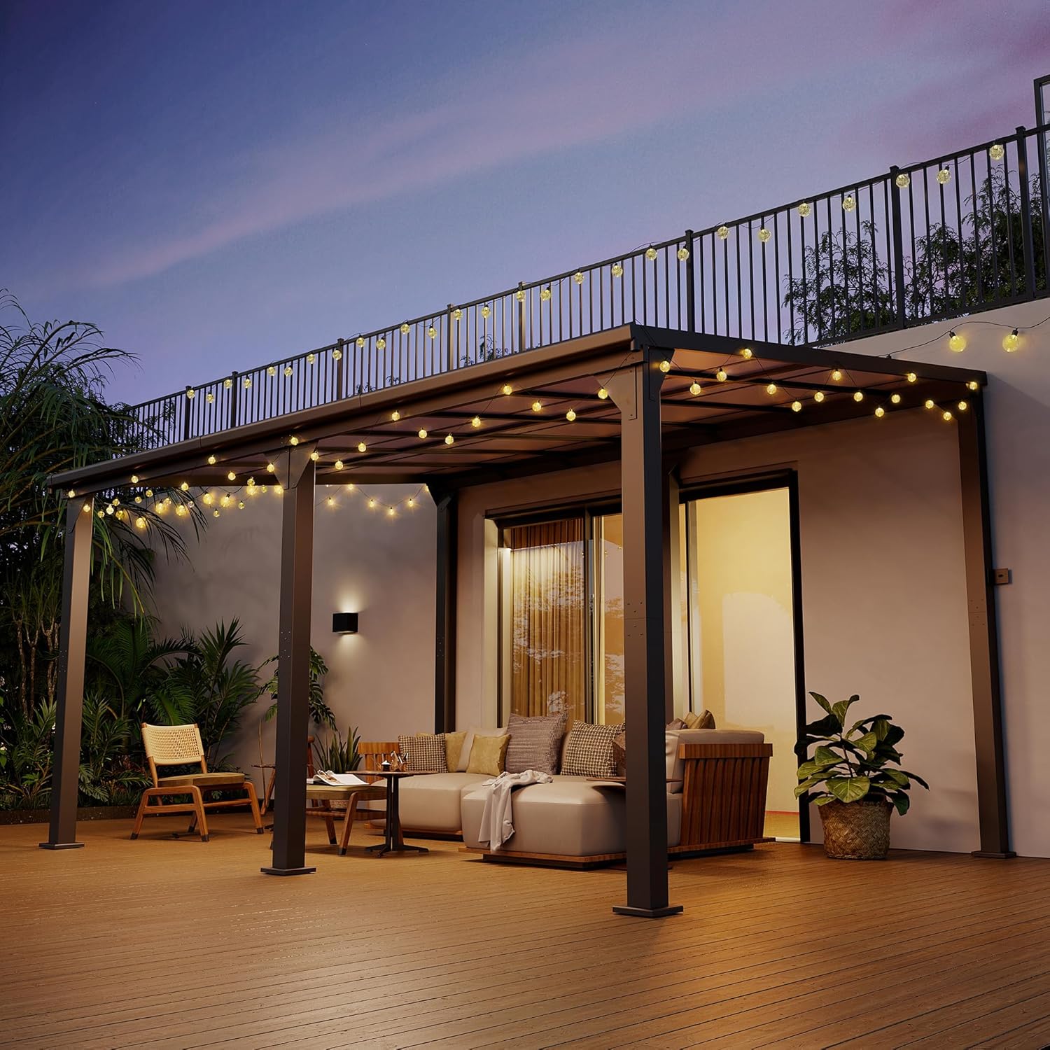 Pamapic 10 * 14FT Wall Mounted Gazebo,4*4 Inch Thickened Pillars & Enlarged Base,Outdoor Hardtop Lean to Pergola,Aluminum Frame Pergola,UV Resistant Polycarbonate Roof,Outdoor Patio Awnings for Deck