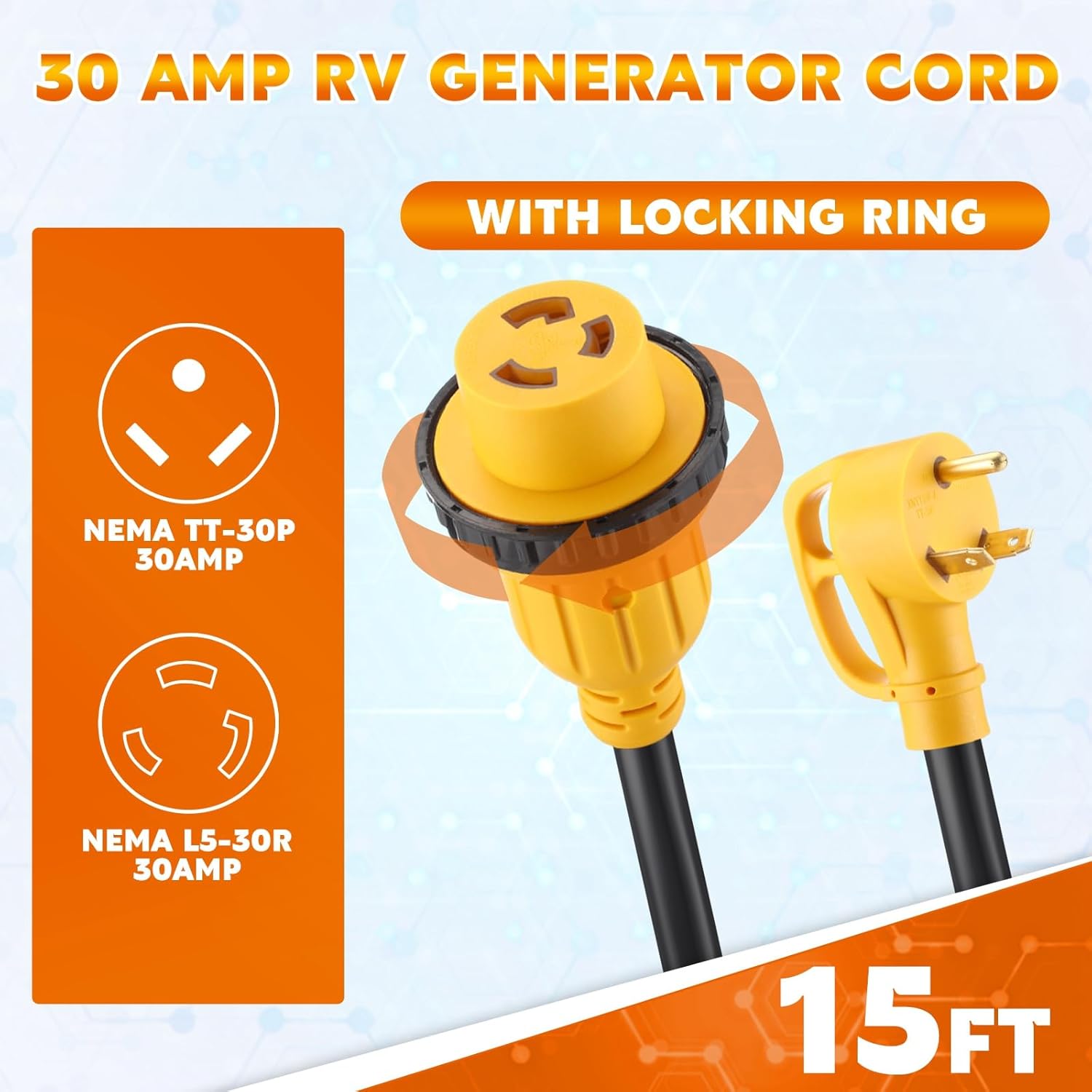 Kanayu 15FT 30 Amp RV Generator Cord and Power Inlet Box Compatible with NEMA TT-30P to L5-30R Lock Generator Extension Cord with LED Indicator Pre-Drilled L5-30P Inlet Box, ETL Listed