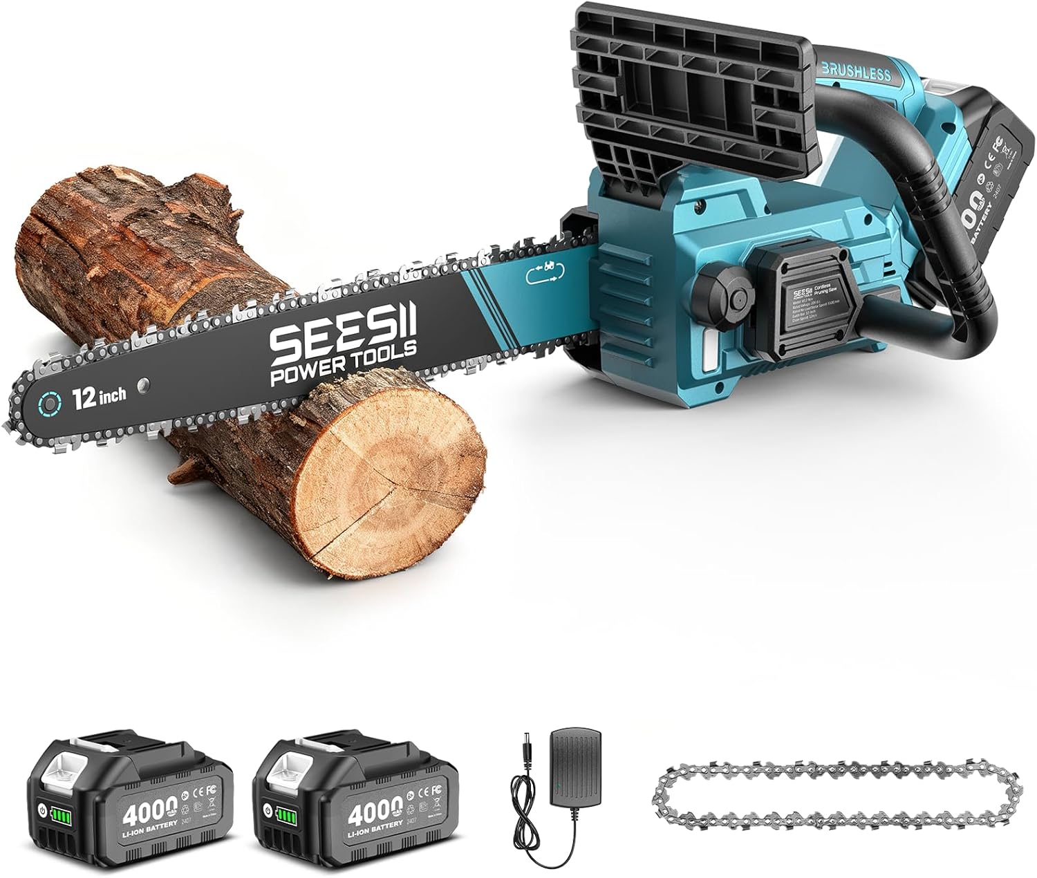 SEESII Electric Chainsaw Cordless 12-inch: Brushless Battery Powered Small Chainsaw, 2 x 4.0Ah Batteries, Auto-Tension and Oiling Mini Chain Saw for Christmas Dad Men Gifts, Tree Cutting Trimming