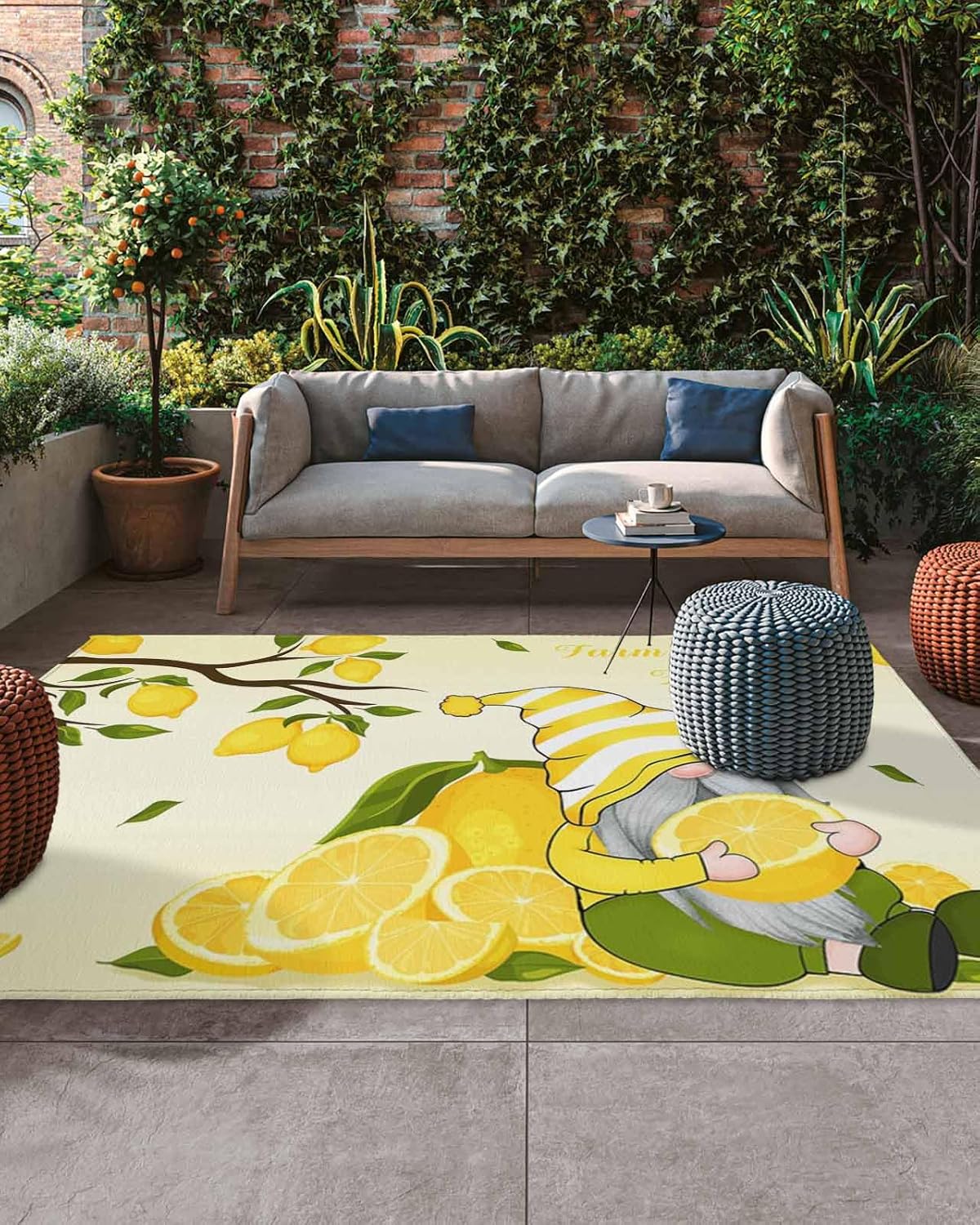 Summer Lemon Gnomes Outdoor Rug for Patio 4x6ft, Non Slip Patio Mat Outdoor Carpet Camping Rug Absorbent Washable Outdoor Area Rug for Deck RV Porch Front Picnic Farm Lemon Tree Yellow Backdrop