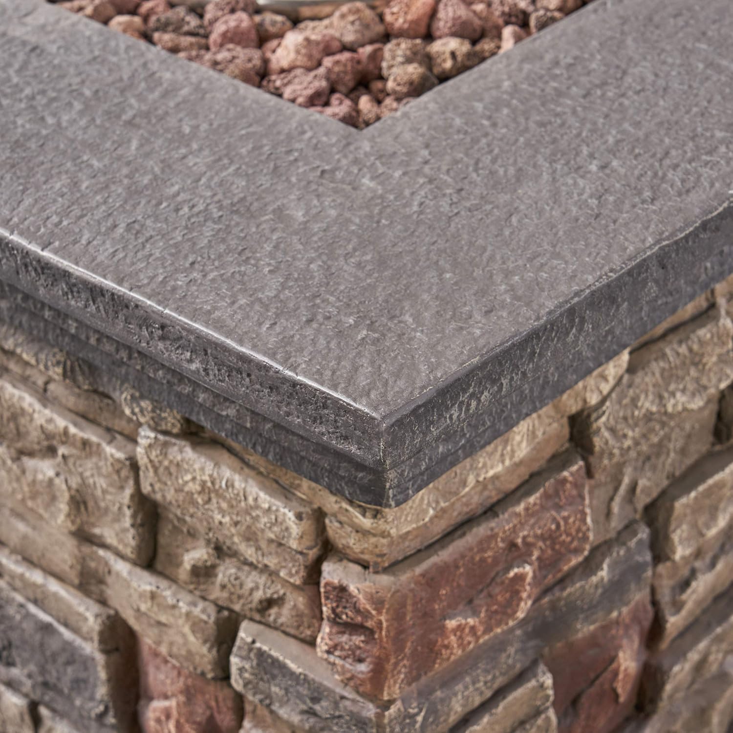 GDFStudio Outdoor 4-Seater Acacia Wood Club Chairs with Firepit, Brown Patina Finish and Cream and Stone