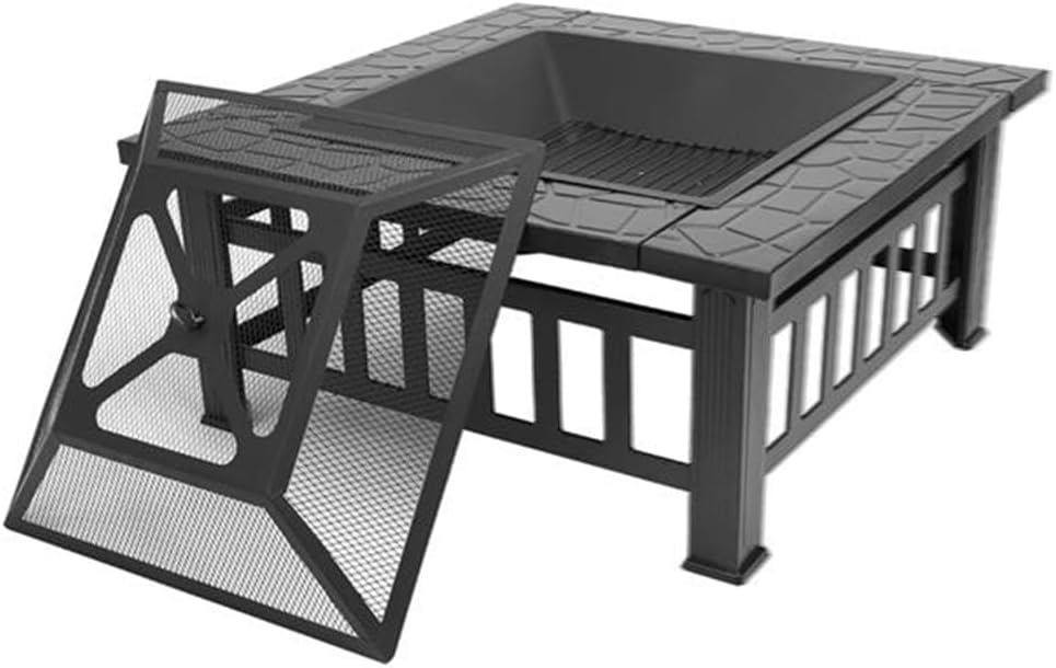 Portable Square Metal Fire Pit for Outdoor, Heavy Duty Iron Mesh with Lid and Poker, Garden/Patio Fire Bowl for Camping, BBQ, and Ice Storage, Black