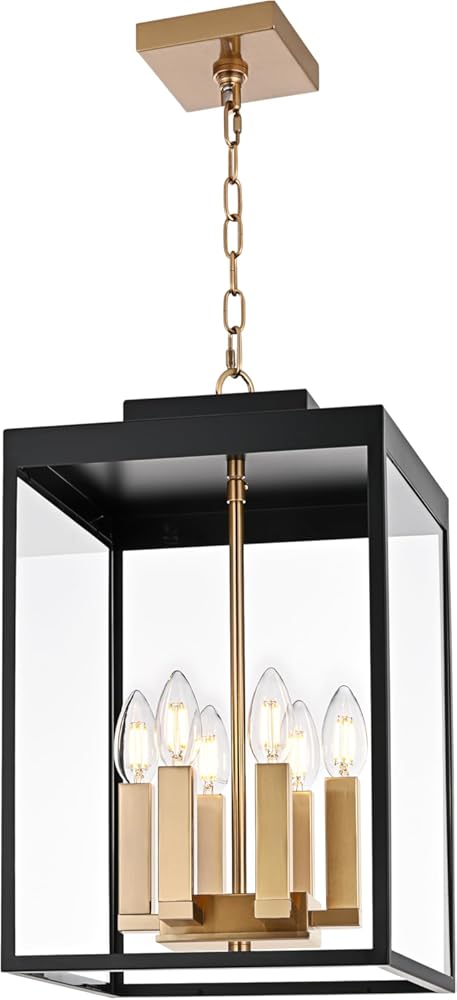 MELUCEE Large Outdoor Pendant Light Fixtures 6-Light Hanging Porch Lights Ceiling Mount 16'' Lantern Pendant Lights Black Brass Outside Chandelier with Clear Glass for Porch Patio Gazebo Entrance