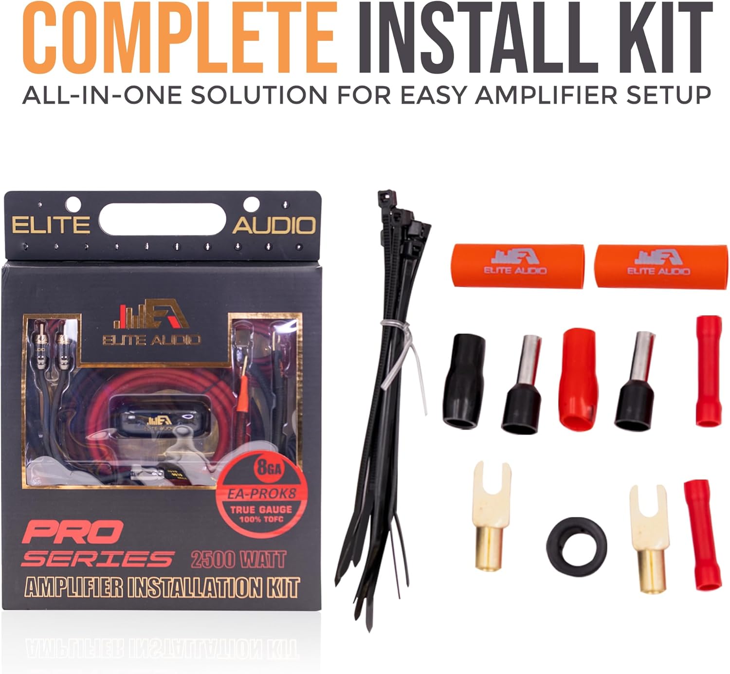 Elite Audio EA-PROK8 Pro Amplifier Wiring Kit - 2500W Max Power, Oxygen Free Copper Cables, Brass ANL Fuse Holder, 8 Gauge