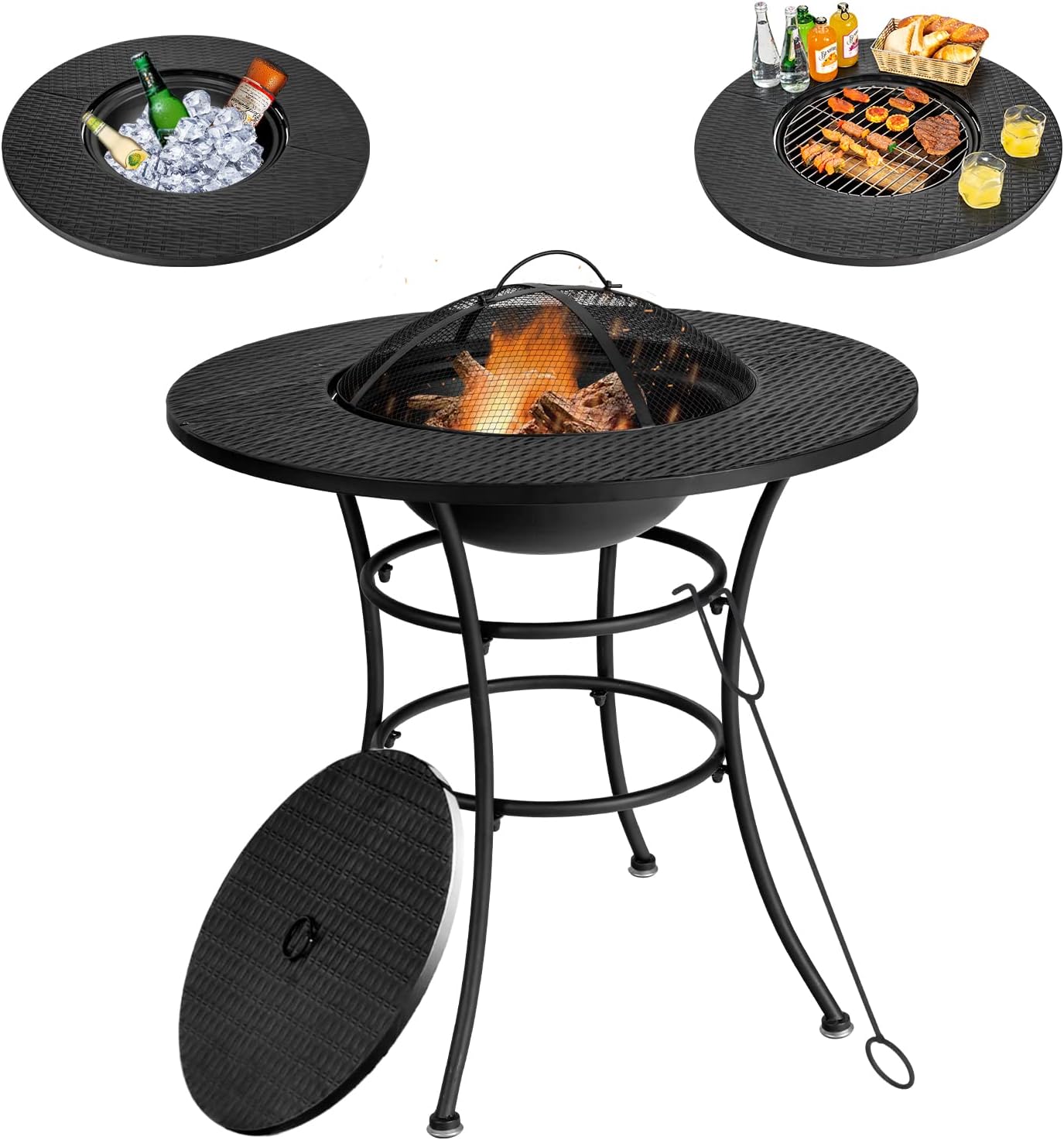 Tangkula 32 Inch Outdoor Fire Pit Dining Table, 4-in-1 Round Wood Burning Fire Pit Bowl, Patio Steel Firepit for BBQ, Bonfire, Camping, Includes Fire Poker, Cover, Grill, Log Grate, Spark Screen Cover