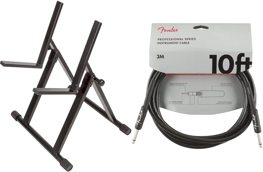 Fender Amplifier Stand Large Bundle with 10 ft Professional Series Instrument Cable, Guitar Cable, Stage Ready Anti-Kinking