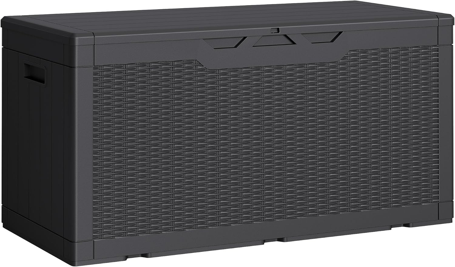 100 Gallon Outdoor Storage Deck Box with Hydraulic Rod, Lockable Weather-Resistant PP Material, 48.6 x 24.4 x 22.6 Inches, Black Wicker Design with Built-in Handles