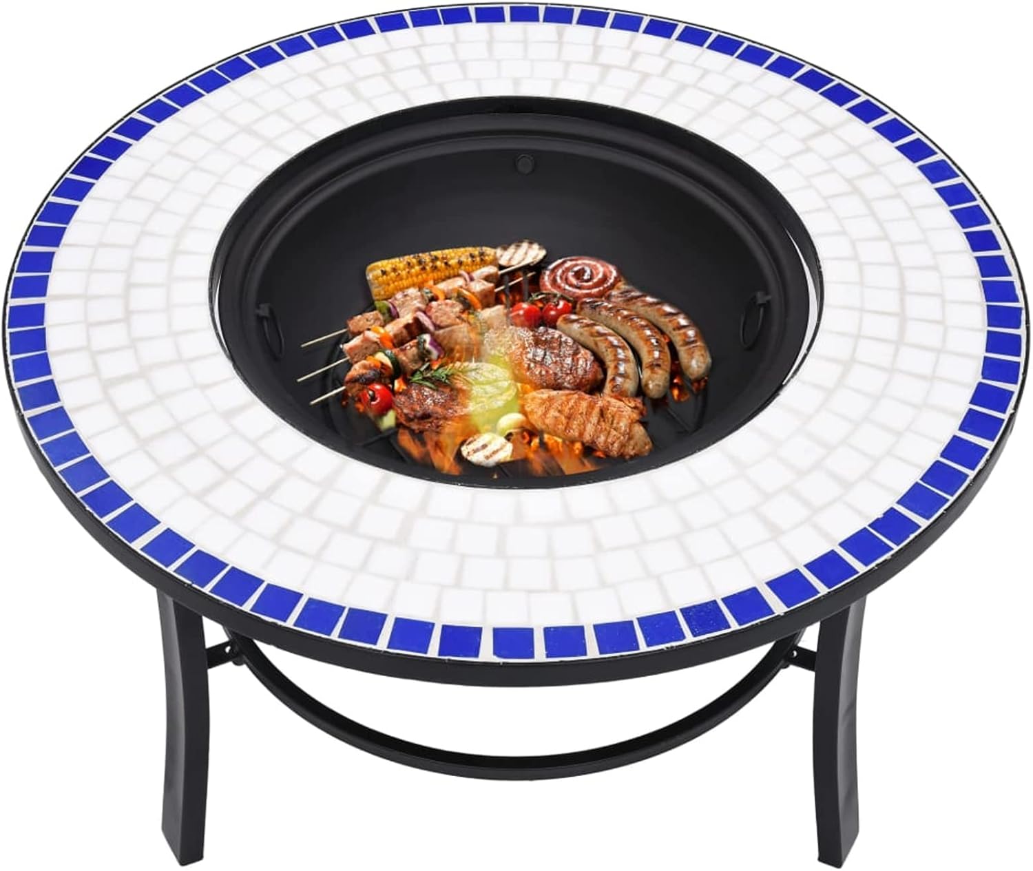 Blue and White Mosaic Fire Pit 68 cm in Ceramic, Outdoor Fire Pit, Garden Fire Pit, Fire Pit for Camping, Heating Camping Terrace