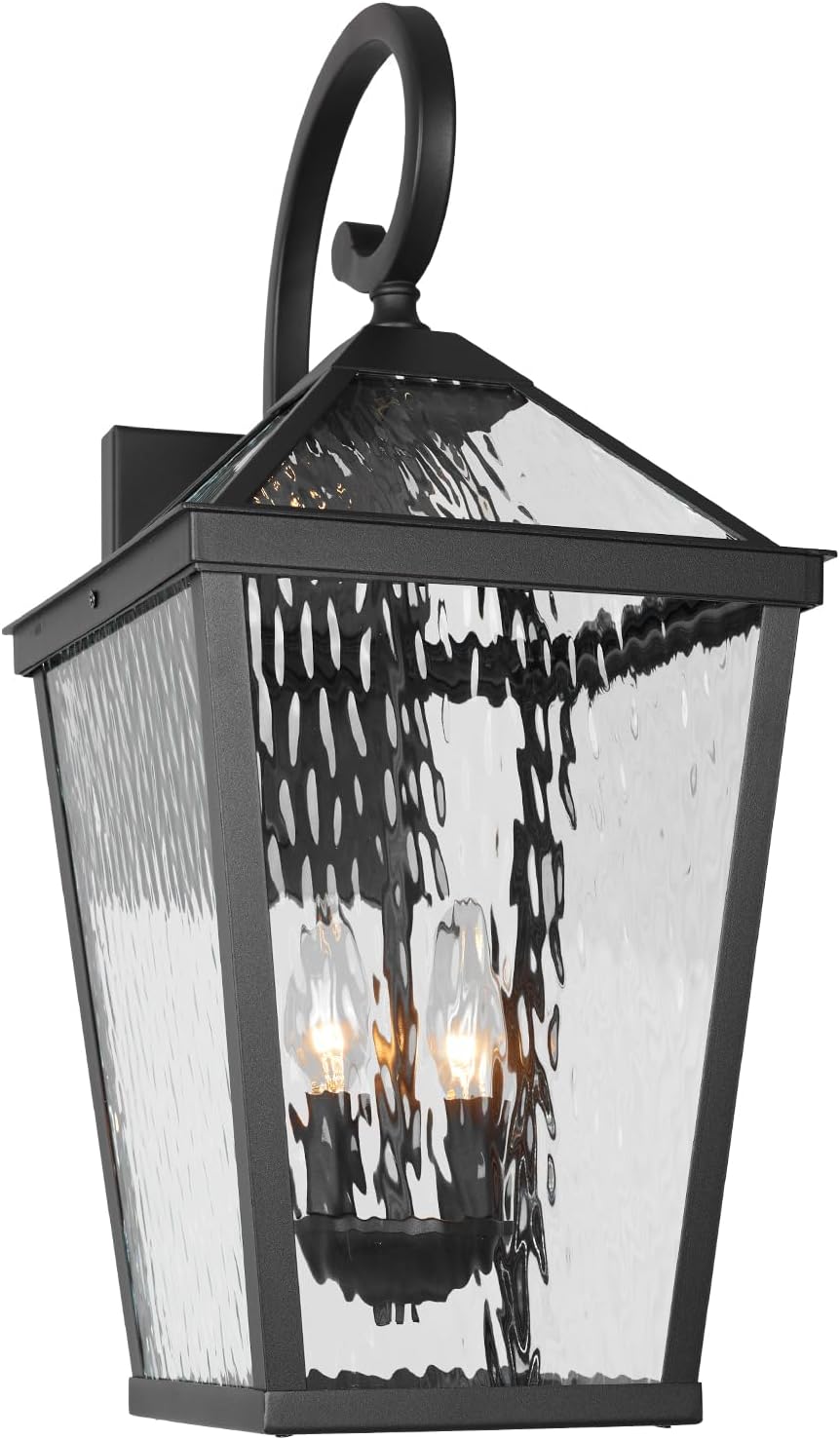 Treekee Outdoor Wall Light Fixture, Modern Waterproof Exterior Wall Lantern with E12 Sockets & Water Ripple Glass, Matte Black Rustic Wall Sconce Porch Lamp for Patio, Garage, Yard, Front Door, Garden