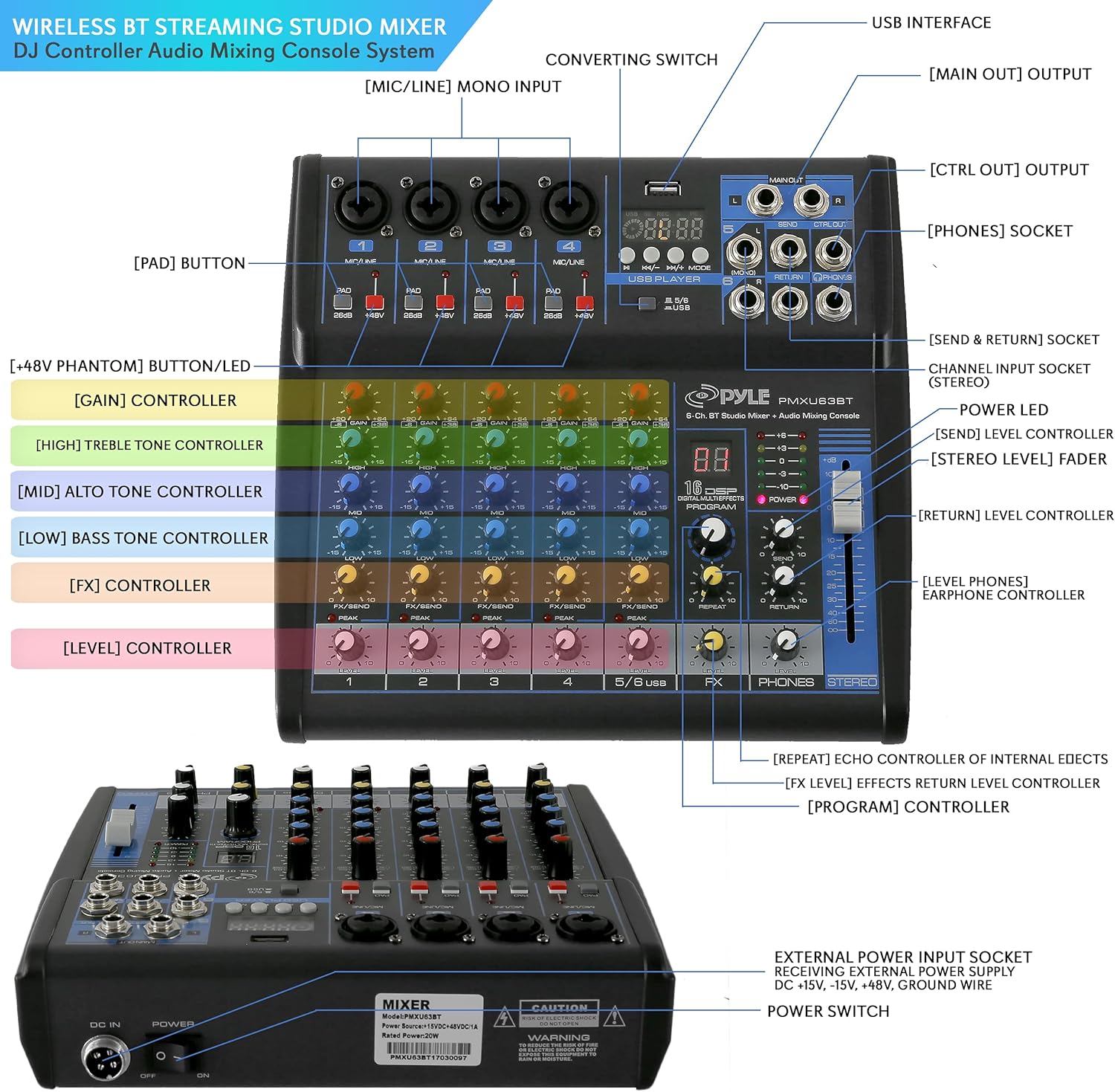 Pyle 6-Channel Professional Audio Mixer - USB - Bluetooth - 48V Phantom Power - Digital MP3 Input - FX 16-Bit DSP - Desk System Interface - PMXU63BT
