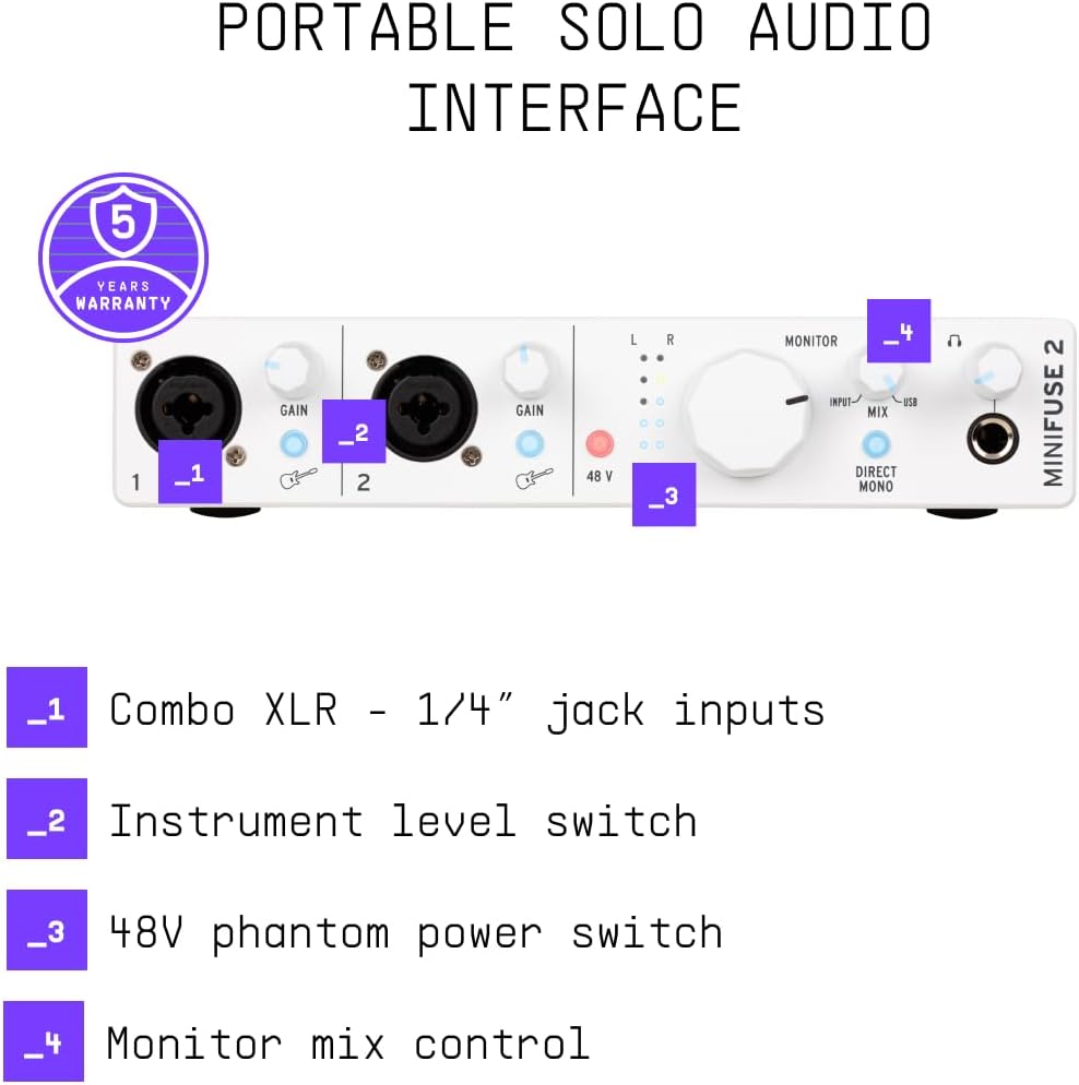 Arturia - MiniFuse 2 - Compact USB Audio & MIDI Interface with Creative Software for Recording, Production, Podcasting, Guitar - White