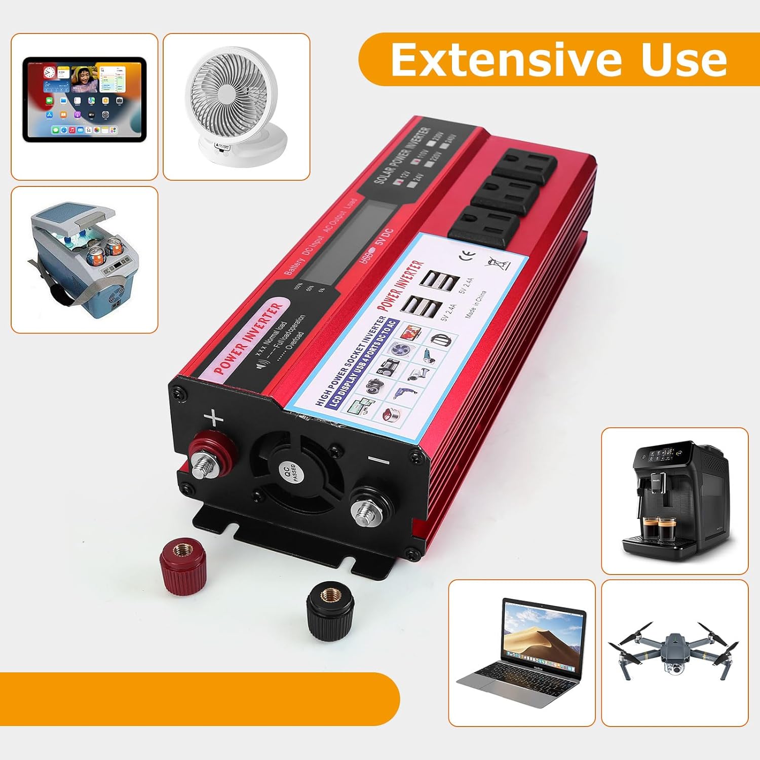 2000 watt Solar Power Inverter, Solar Power Inverter 12V DC to 110V-120V AC Converter with 3 AC Outlets 2 USB Charging Port, LCD Display for Off-Grid Solar Power System, RV, Truck, Home