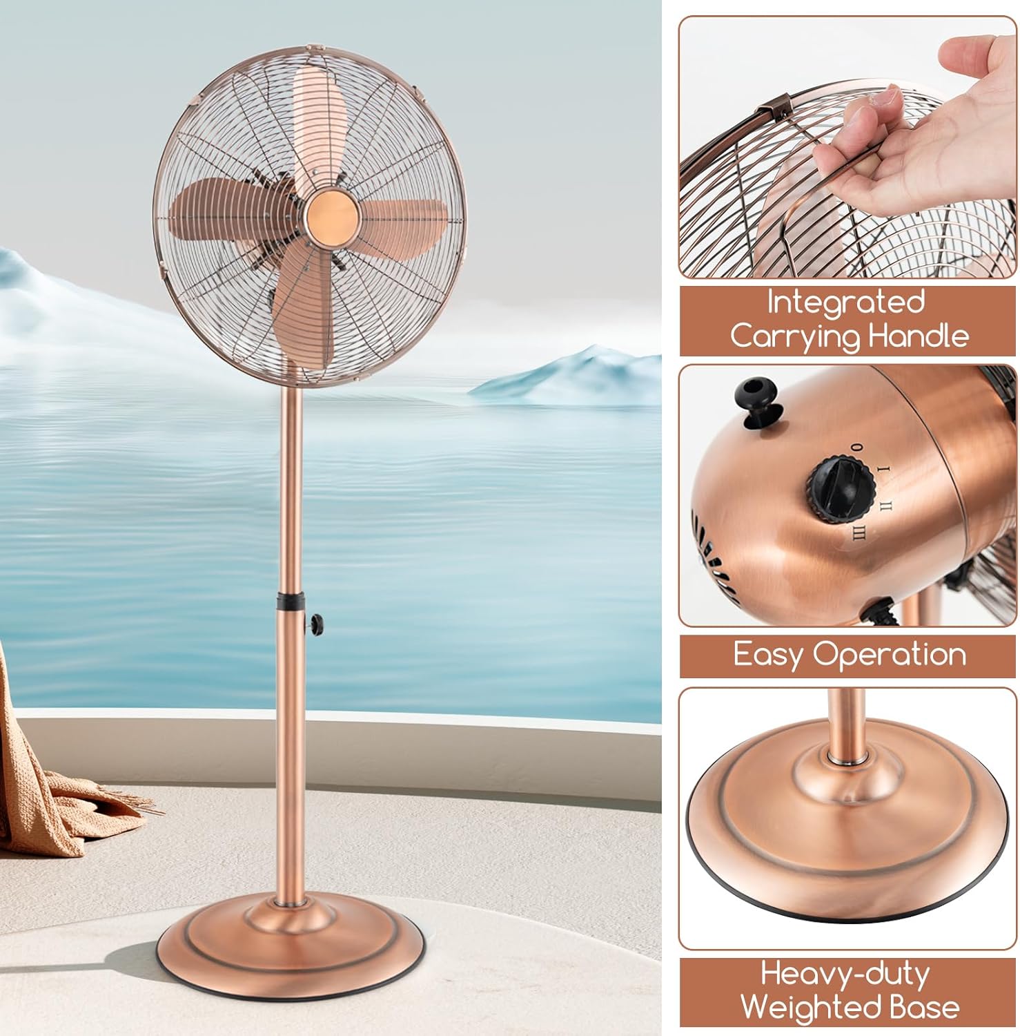 Tangkula 16-Inch Metal Pedestal Fan, Industrial Metal Standing Fan with Adjustable Height, 3 Speeds, 75° Oscillation & 20° Head Tilt, Floor Fan with Weighted Base for Living Room Office (Copper)