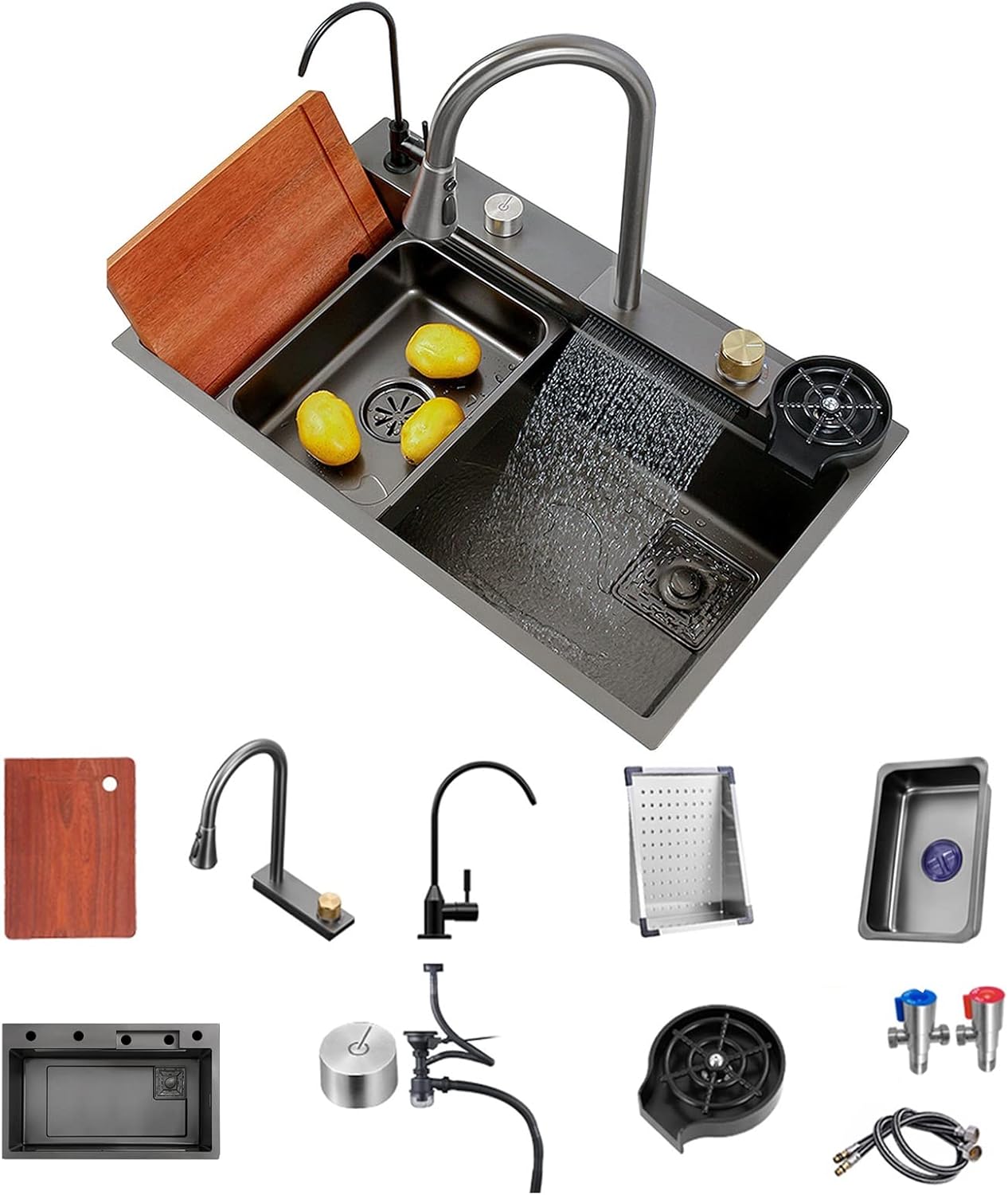 Kitchen Sink Flying rain Waterfall Single Sink with Pull-Out tap, pressurised Cup Washer, Chopping Board and Other Accessories Workstation - Gun Grey, 80 * (