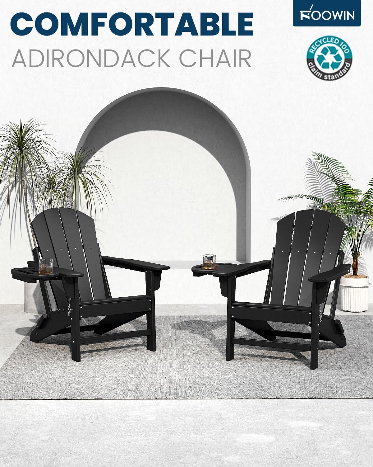 FOOWIN Folding Adirondack Chair Set of 6, HDPE Adirondack Chairs with Cup Holder, Weather Resistant Plastic Fire Pit Chairs for Outdoor, Patio, Lawn, Garden, Backyard, Deck, Black