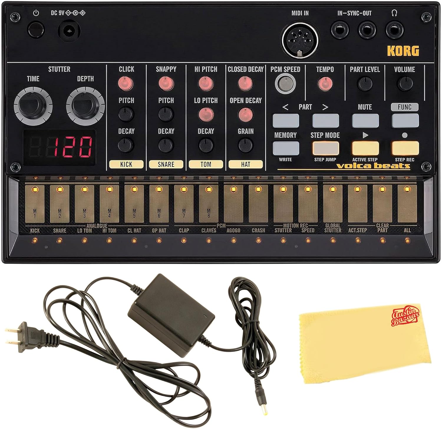 Korg Volca Beats Analogue Drum Machine Bundle with Power Supply and Austin Bazaar Polishing Cloth