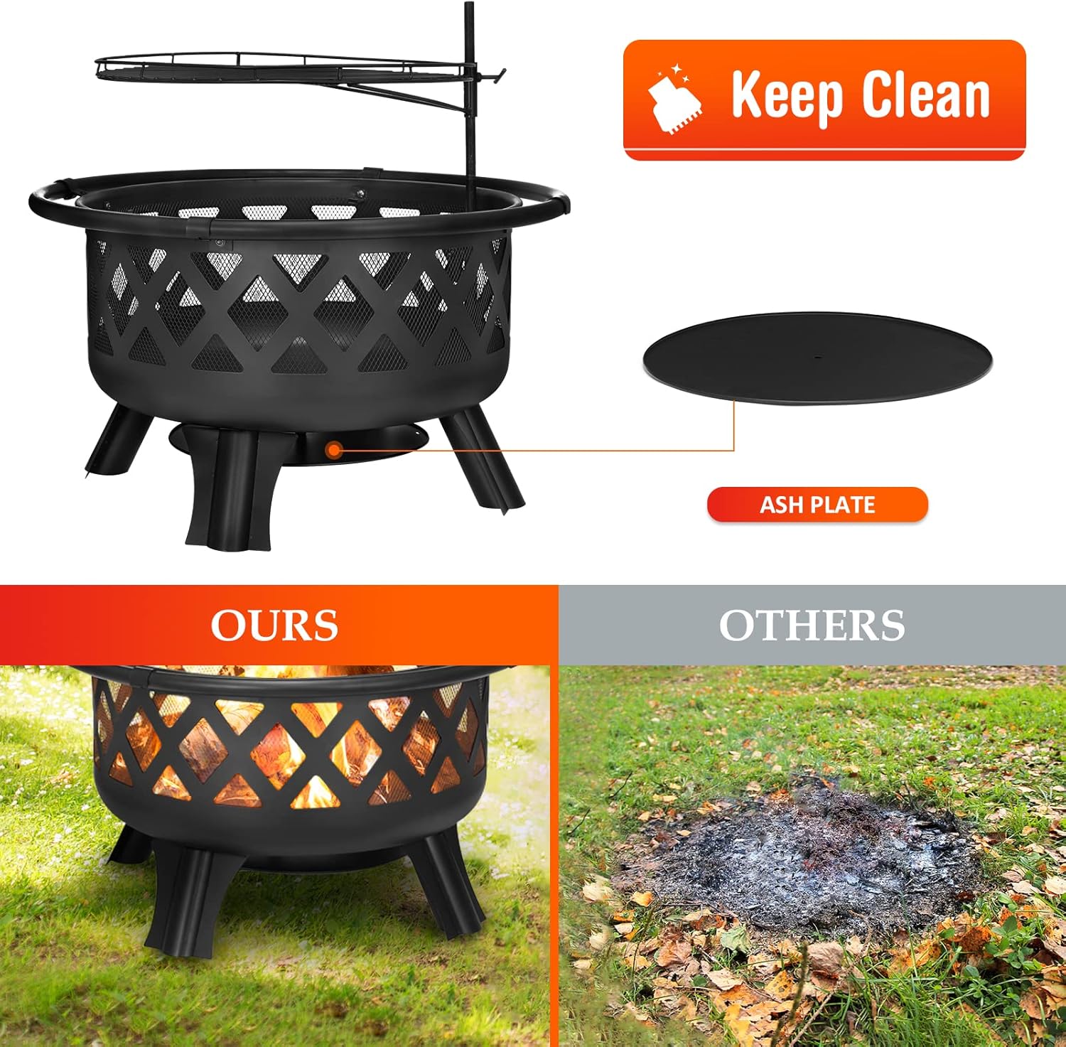 30 Inch Fire Pits for Outside with Grill Wood Burning Firepit Large Steel Firepit Bowl for Patio Backyard Garden Camping with Swivel BBQ Grill, Ash Plate,Spark Screen, Poker