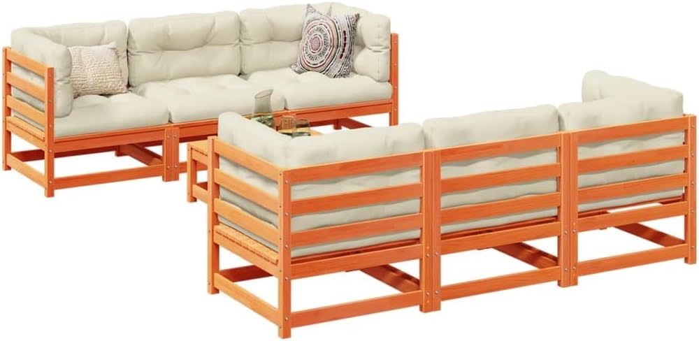 7 Piece Patio Sofa Set with Cushions Wax Brown Solid Wood Pine,Sturdy Garden Sofa Set with Padded Cushions and Modular Design for Patio, Terrace, or Backyard Patio Furniture Sets