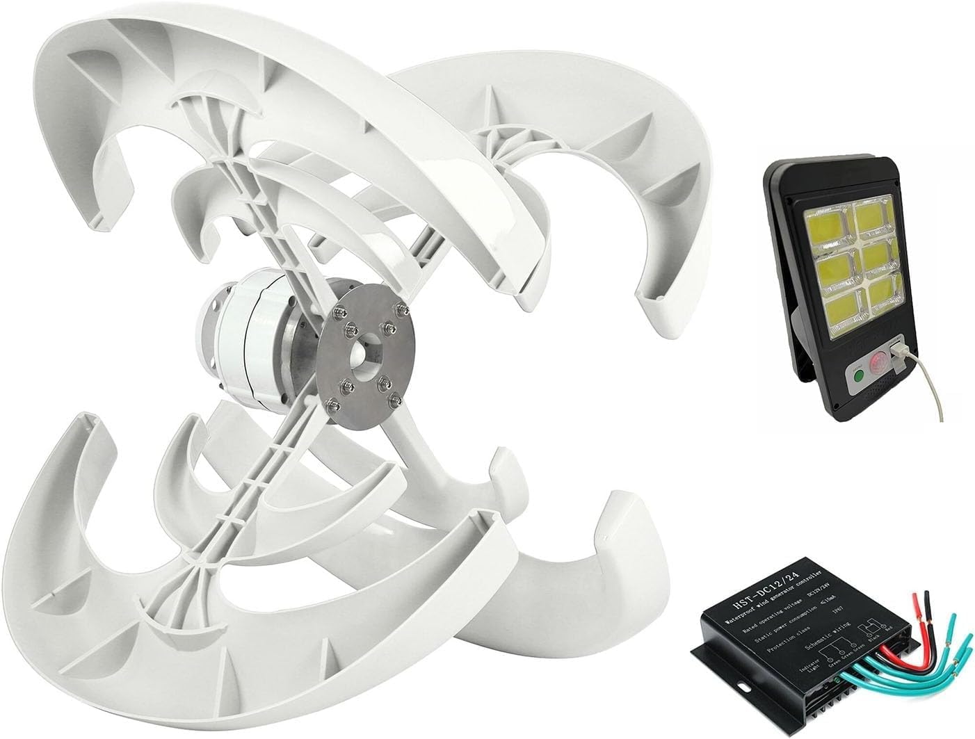 CAJUCA Wind Turbine Kit 5000W 4 Blade Vertical Axis Generator Alternator Small Windmill Free Energy Band Controller and Solar Garden Light