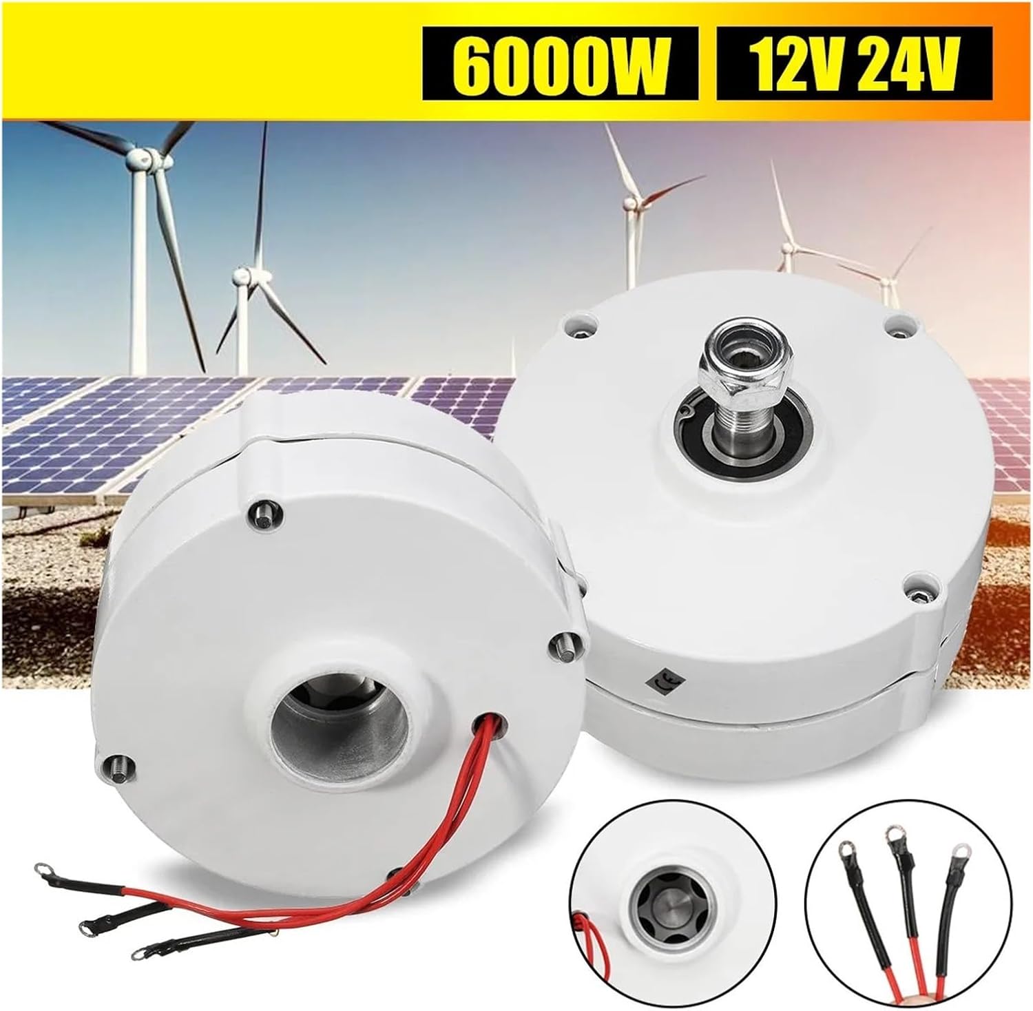 Wind Turbine Generator Motor 6000W 12V 24V 3 Phase Gearless Permanent Magnet AC Alternator for Wind Water Turbine Low Starting Speed for Home(12V)