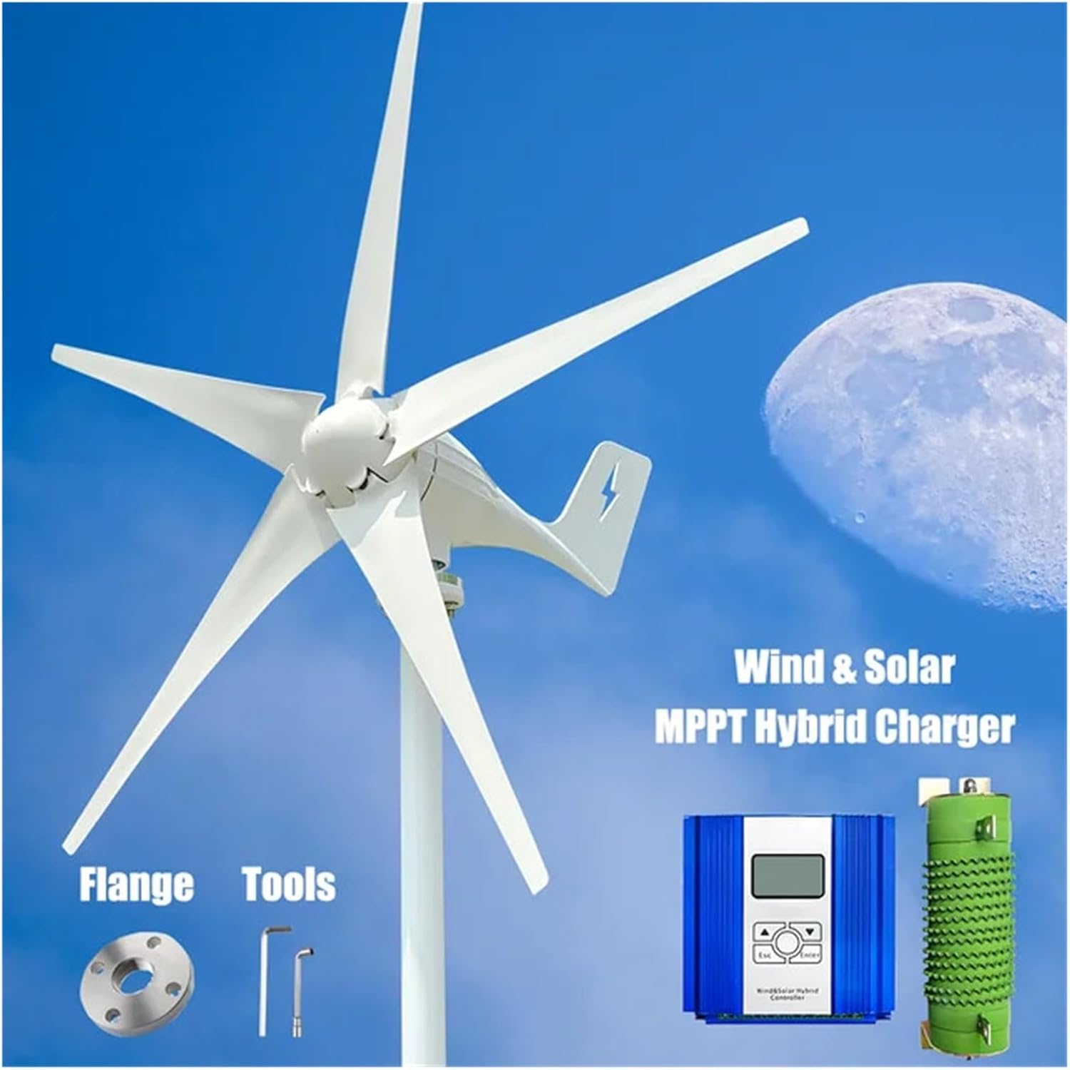3000W Wind Turbine Generator Windmill Camping Home Appliance Electric Power Generator 24V 48V with MPPT Controller Low Starting Speed for Home(with Hybrid Charger,12V)