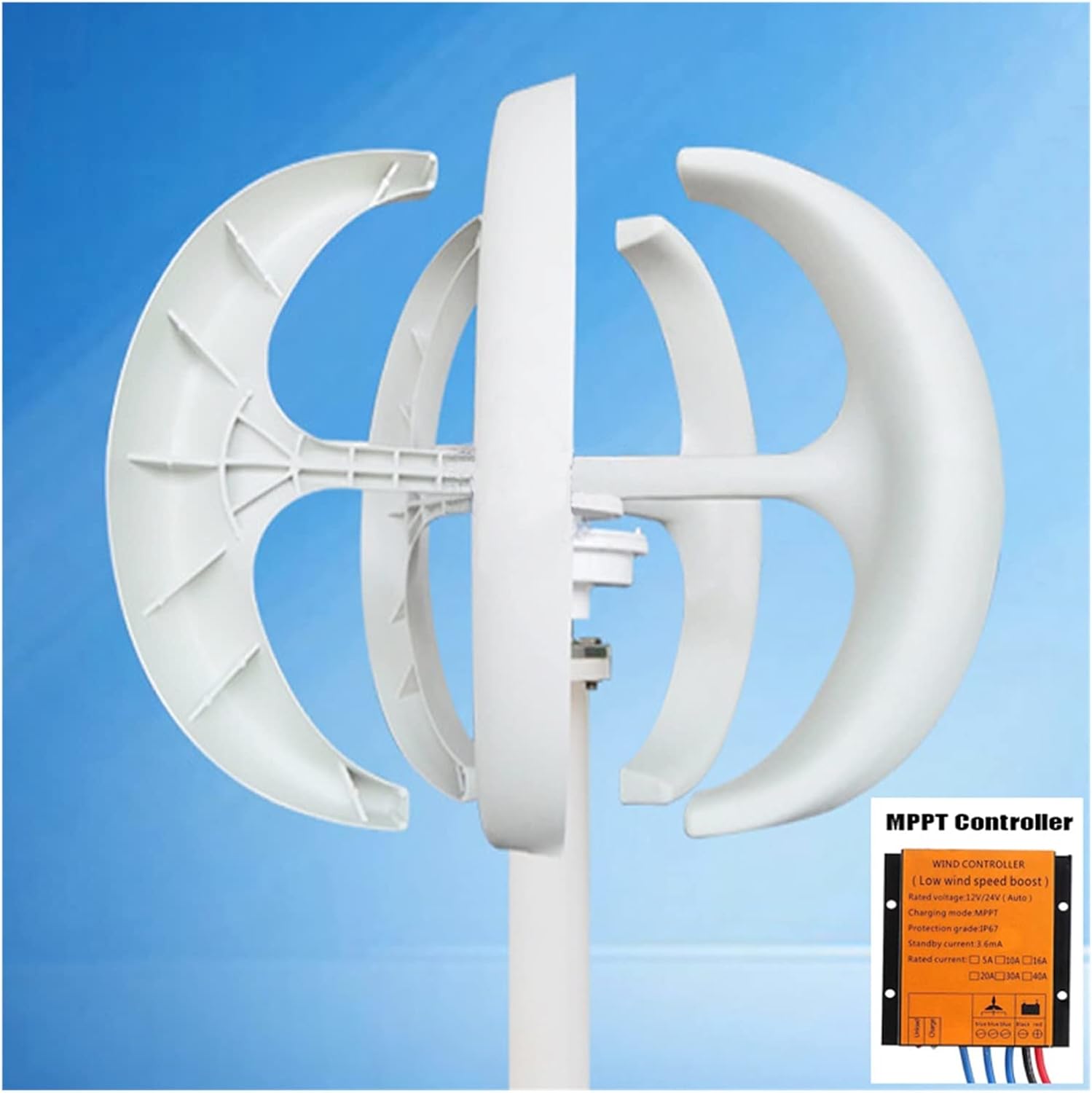Wind Power Turbine Generator 3000W Small Vertical Axis Wind Turbine Generator 3KW 12V 24V 48V with MPPT Low Noise Windmill for Home Farm Wind System (Color : White with Control, Size : 24V)