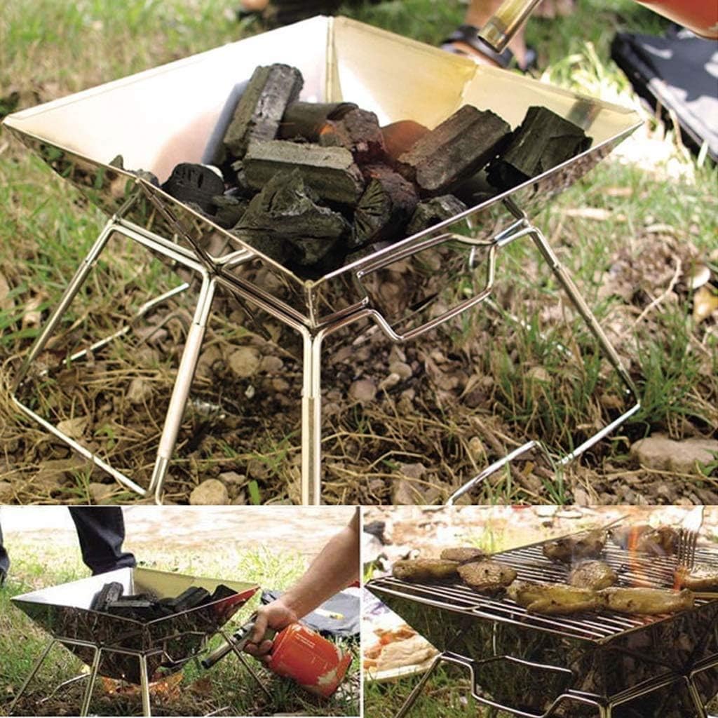 12 inch Folding Fire Pit BBQ Grill Steel Round Bowl, Log Grate, Poker for Patio Backyard Garden Camping Traveling Picnic Bonfire