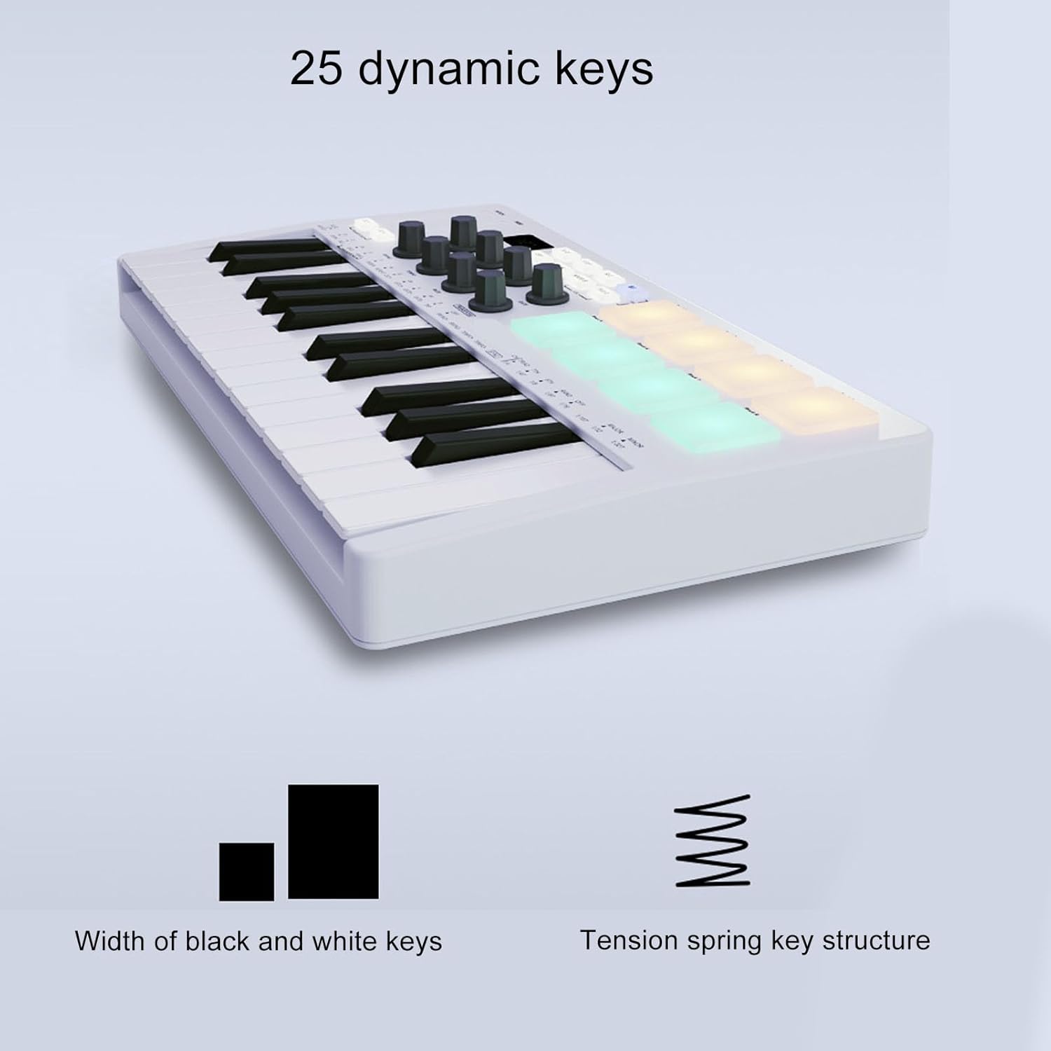 Eujgoov Portable 25 Key MIDI Keyboard Controller Dynamic Keybed Wireless USB Keyboard with Pads Knobs