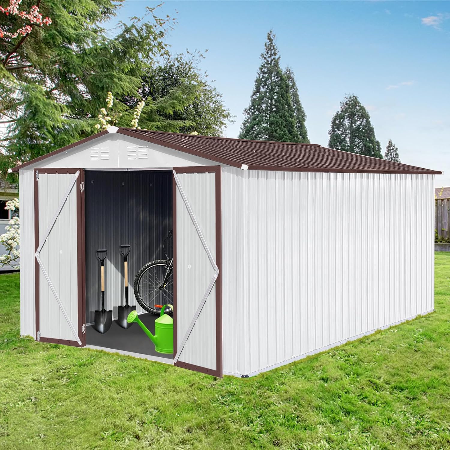 10x12 FT Sheds & Outdoor Storage,Metal Aluminum Garden Shed,with Punched Vents,Waterproof Cabinet w/Hinged Door and Padlock,Tool House for Storing Bicycles,Lawnmowers,Barbeques,White+Coffee