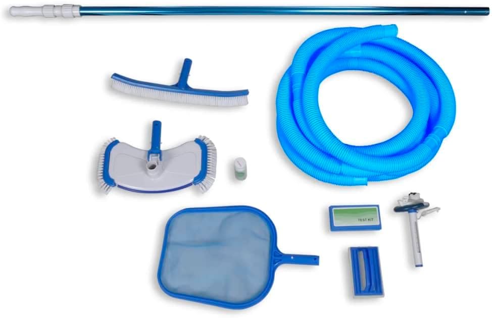 Swimming Pool Cleaning Kit, White Blue ABS PP Aluminum Portable, Adjustable Hose 59-177in, Vacuum Head, Leaf Skimmer, Wall Brush, Scrubber Pad, Easy Maintenance for Above Ground Pool