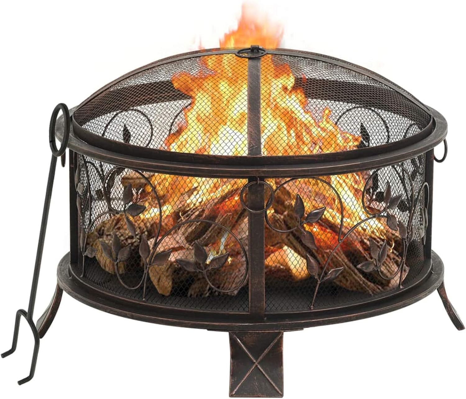 Rustic Fire Pit, XXL Steel Fire Bowl with Poker and Mesh Cover, 26.6 Inch, for Outdoor Garden and Patio Use
