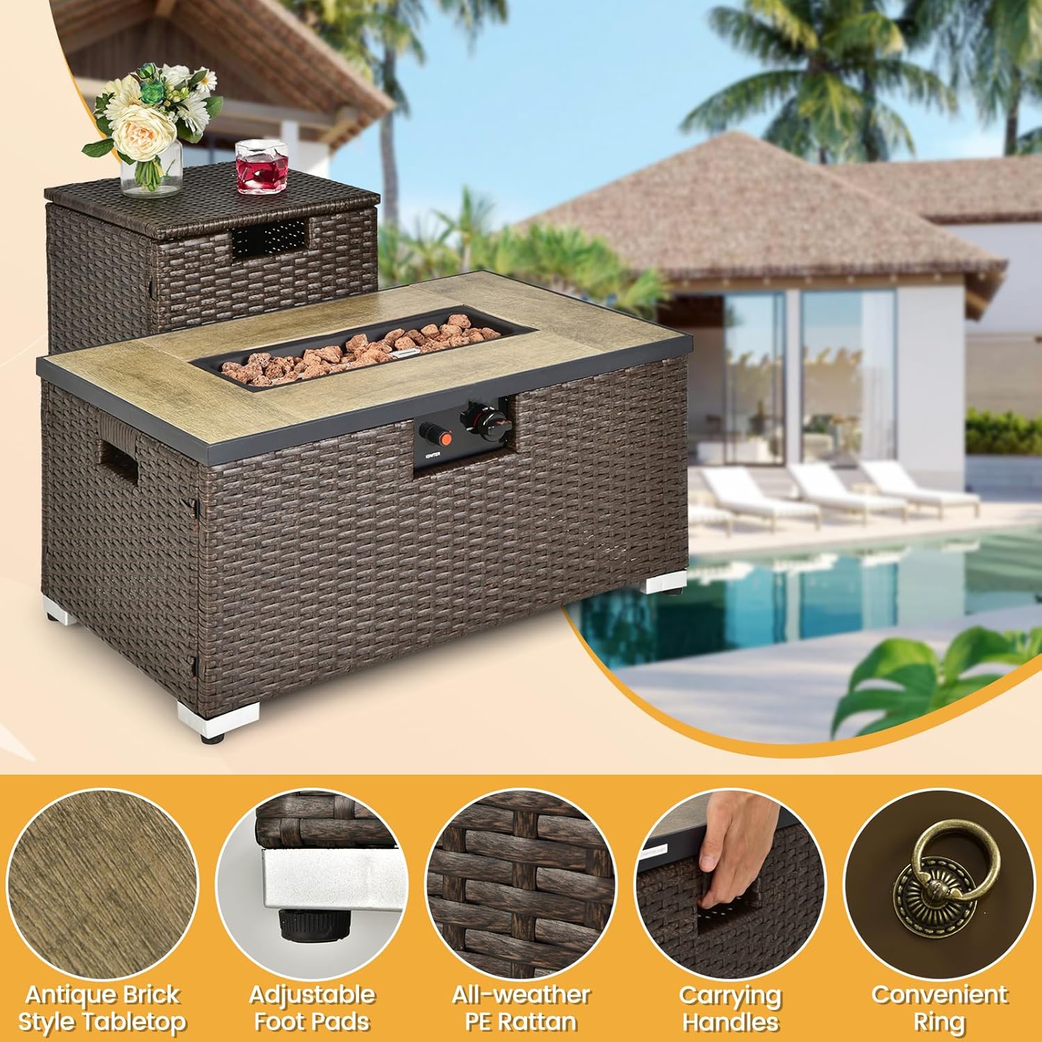 TANGZON Outdoor Fire Pit Table and Propane Tank Hideaway Table, 40,000 BTU Rattan Fire Pits with Lava Rocks, Side Handles & Waterproof Cover, Gas Tank Holder (2PCS Fire Pit & Hideaway Table Set)