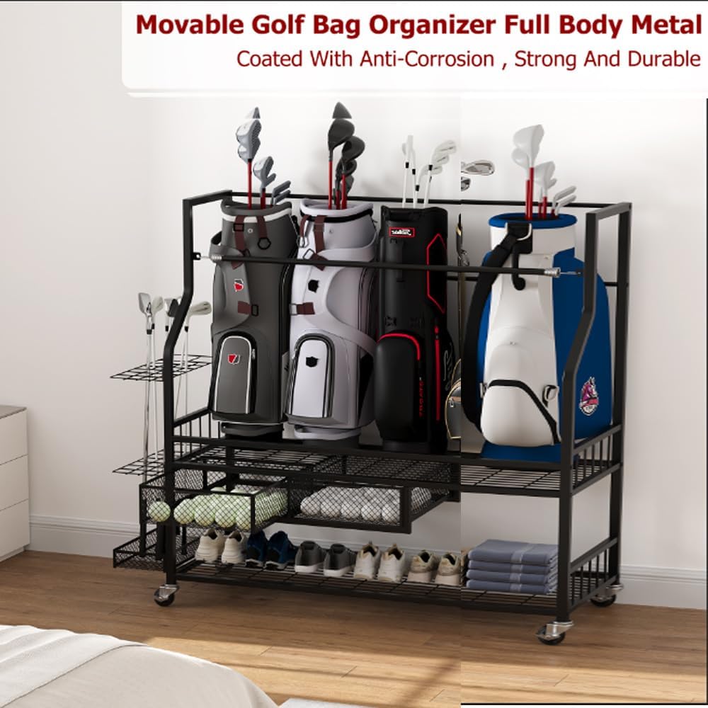 Golf Bags Storage Garage Organizer,Golf Bag Stand for 4 Golf Bags, Clubs, Balls, Golf Equipment Accessories, Golf Bag Storage Rack with Wheels