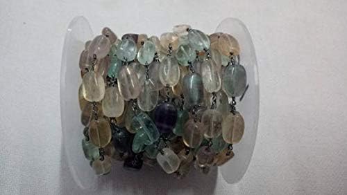 5 feet natural fluorite smooth oval beaded chain - oxidized wire wrapped chain - oval beaded chain - beads size 6x8mm