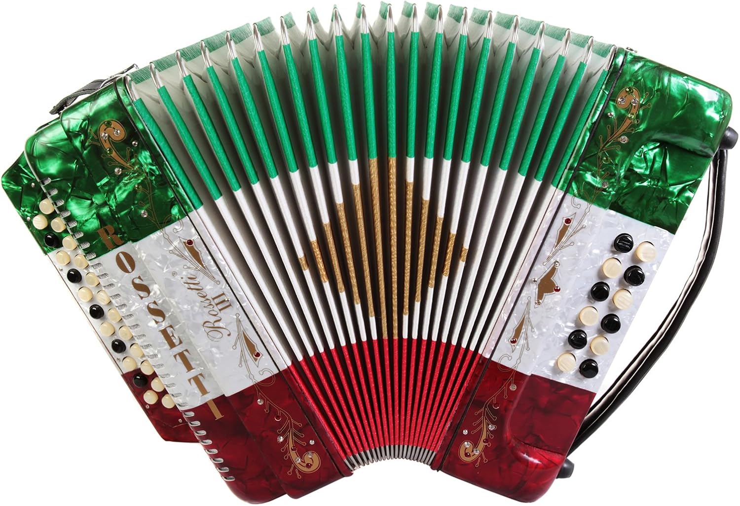 Rossetti 34 Button Accordion 12 Bass 3 Switches GCF Mexican Flag