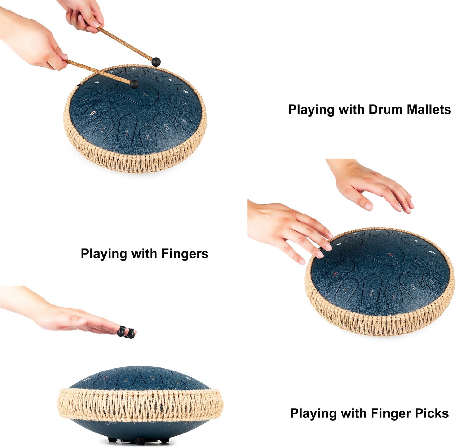 Steel Tongue Drum - 13 Inches 15 Notes Tongue Drum - Hand Pan Drum with Music Book, Handpan Drums Mallets and Carry Bag, D Major (Navy Blue)