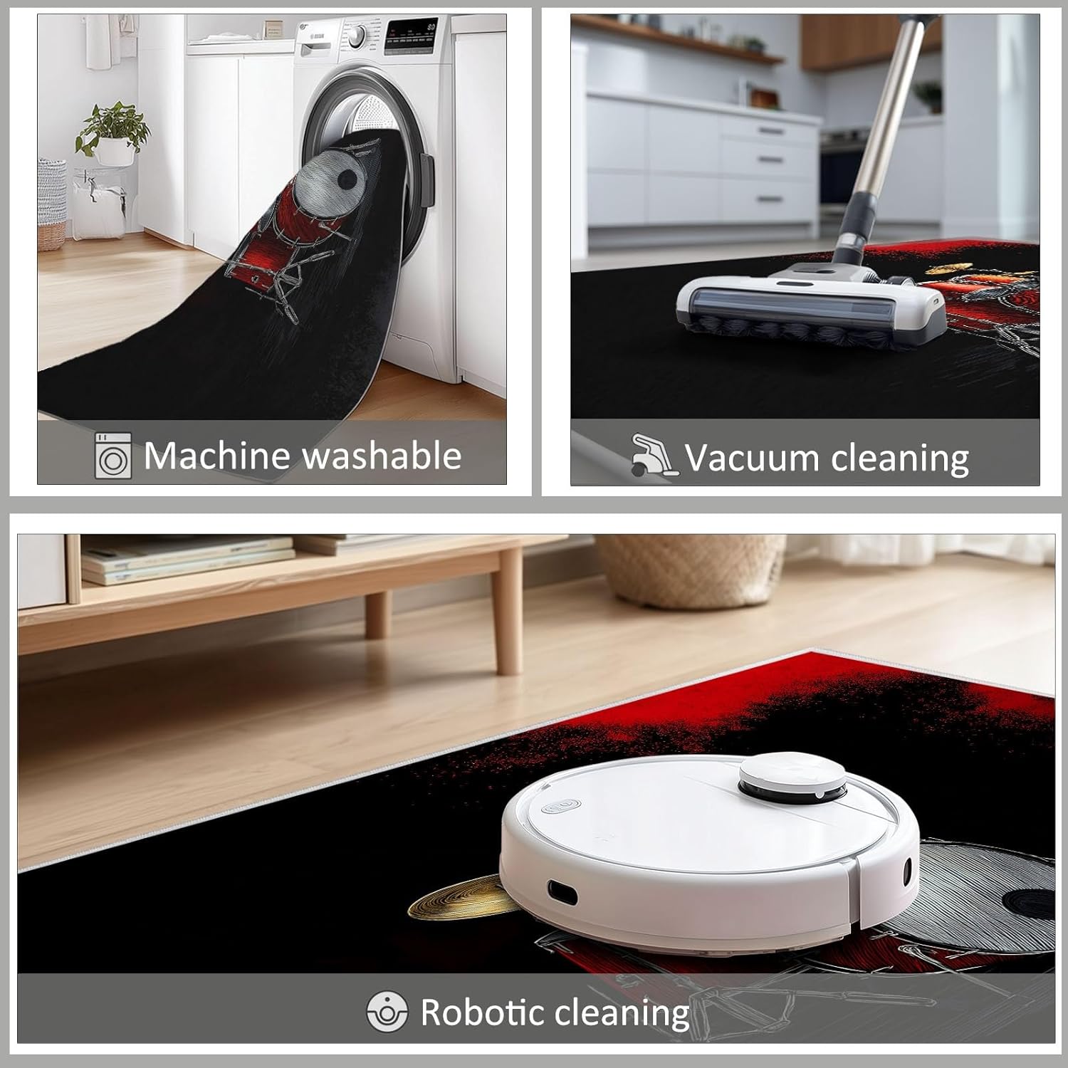 4x6 ft Area Rug for Bedroom, Washable Rugs for Living Room, Musical Instruments Drum Kit Notes Indoor Faux Wool Kids Rug Black Throw Carpets Soft Low Pile Mat for Bedside Entryway