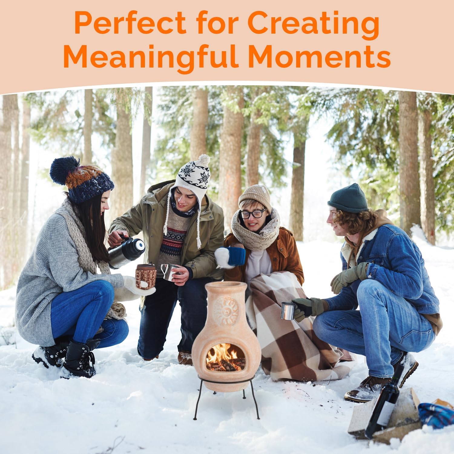 Outdoor Beige Clay Chiminea Outdoor Fireplace Sun Design Charcoal Burning Fire Pit with Sturdy Metal Stand, Barbecue, Cocktail Party, Family Gathering, Cozy Nights Fire Pit