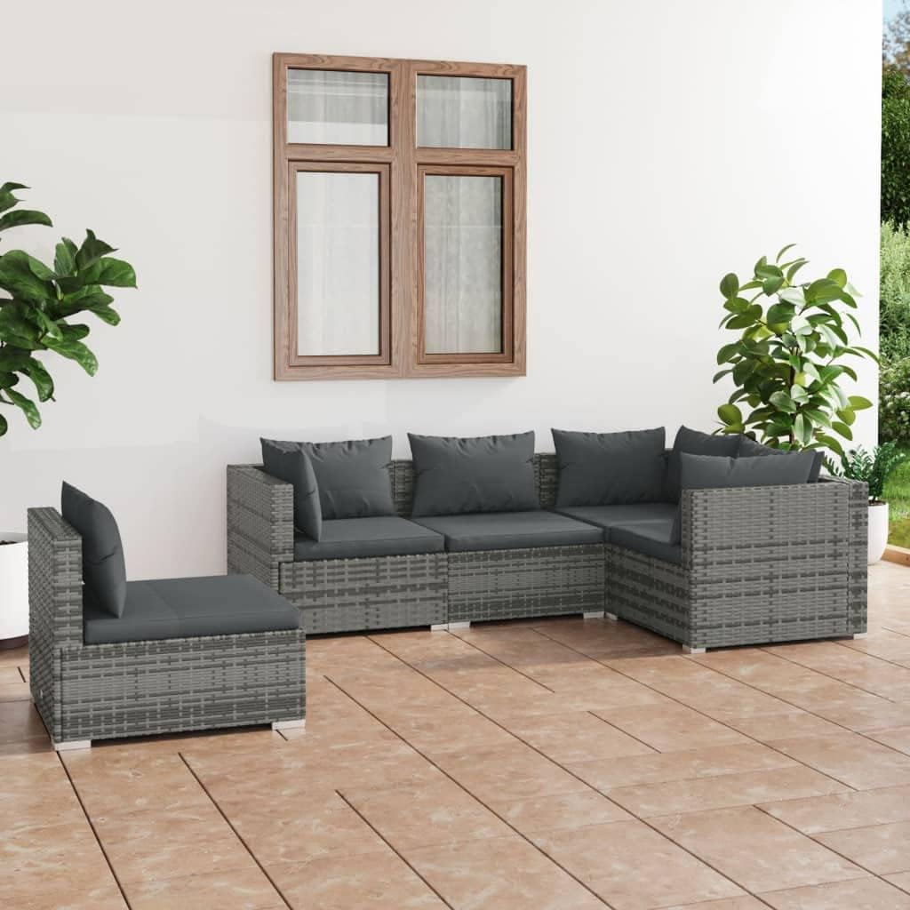 5 Piece Patio Lounge Set with Cushions Poly Rattan Gray,Trendy Modular Patio Lounge Set for Outdoor Relaxation with WaterResistant Rattan and Padded Cushions Patio Furniture Sets, Outdoor Furniture Se
