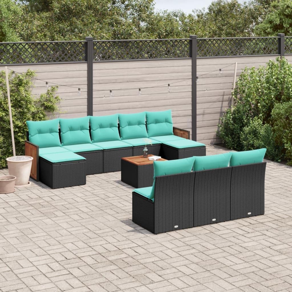 11 Piece Patio Sofa Set with Cushions Black Poly Rattan, Modular Outdoor Furniture with Removable Cushions and Acacia Wood Tabletop, Durable PE Rattan for Garden, Terrace,