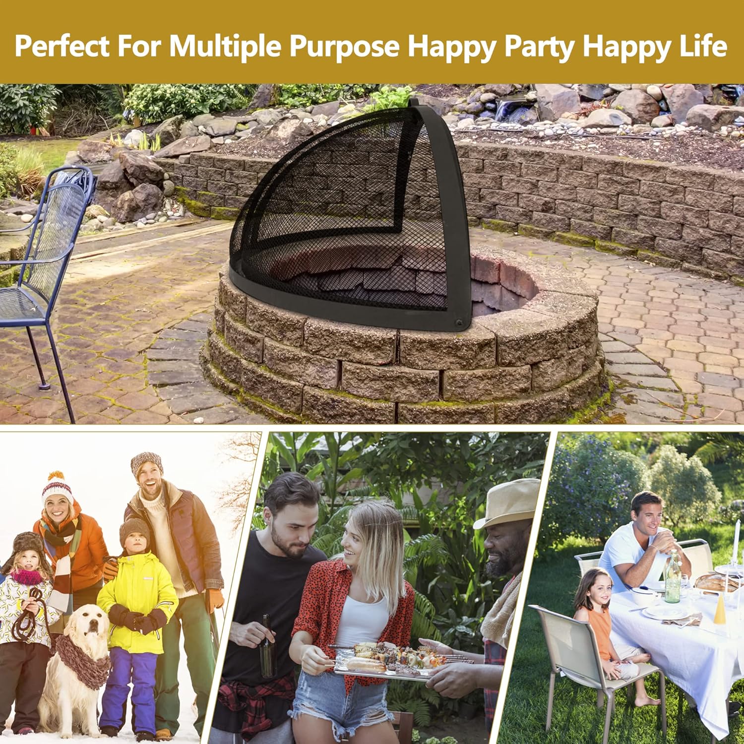40In Round Fire Pit Spark Screen Cover, Outdoor Patio Easy-Opening Fire Pits Mesh Screen, Heavy Duty Steel Firepit Ember Lid with Hinge